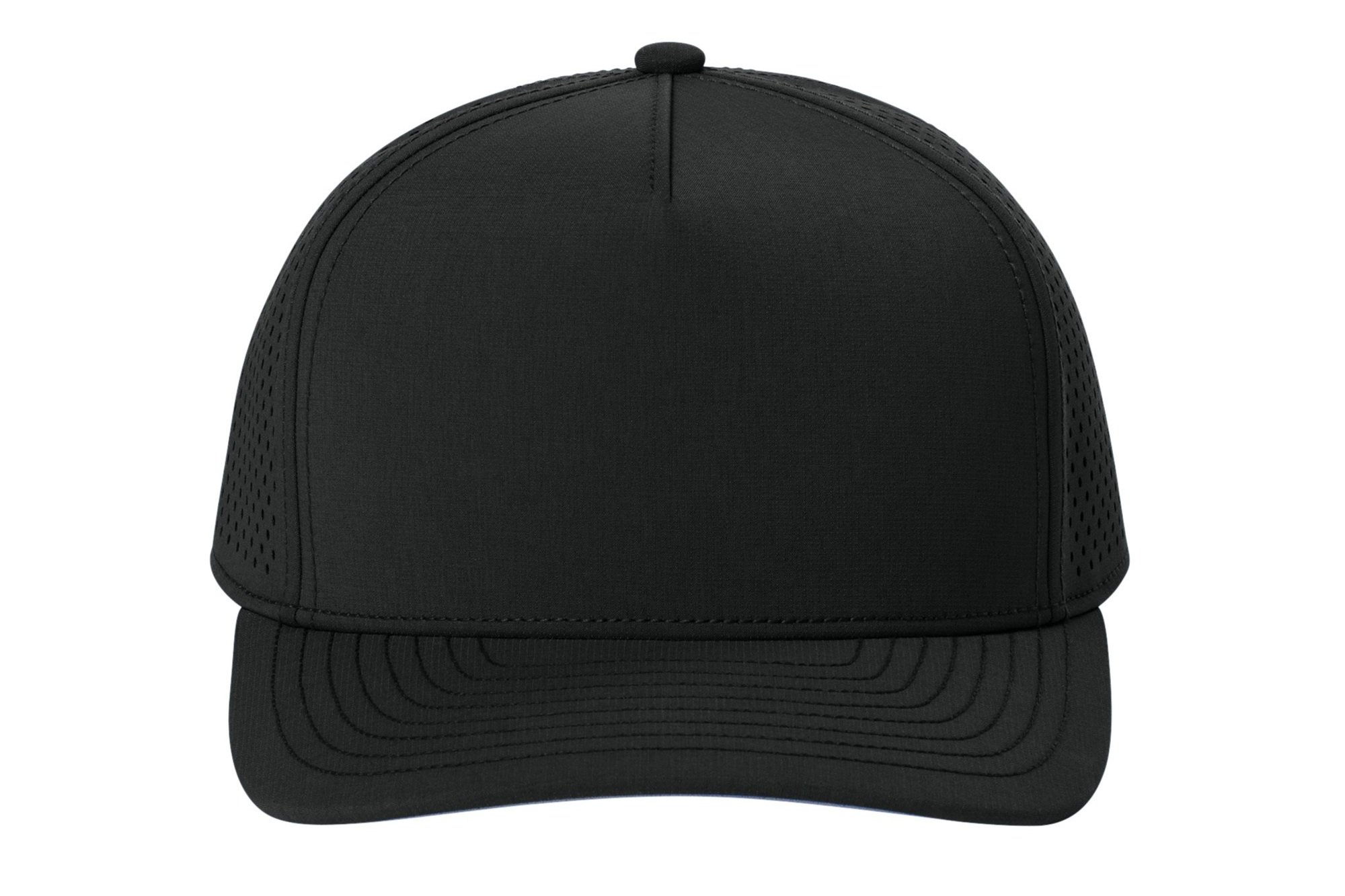 Front view of the Blacktop OGIO 5-panel low-profile performance cap with structured crown and curved visor