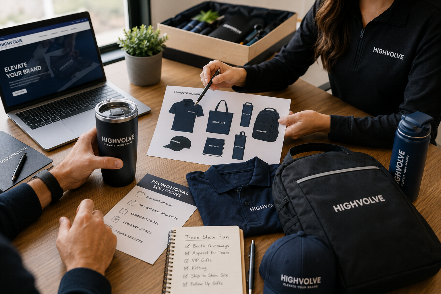 HighVolve team reviewing branded trade show merchandise mockups, apparel, drinkware, and event materials during a planning meeting.