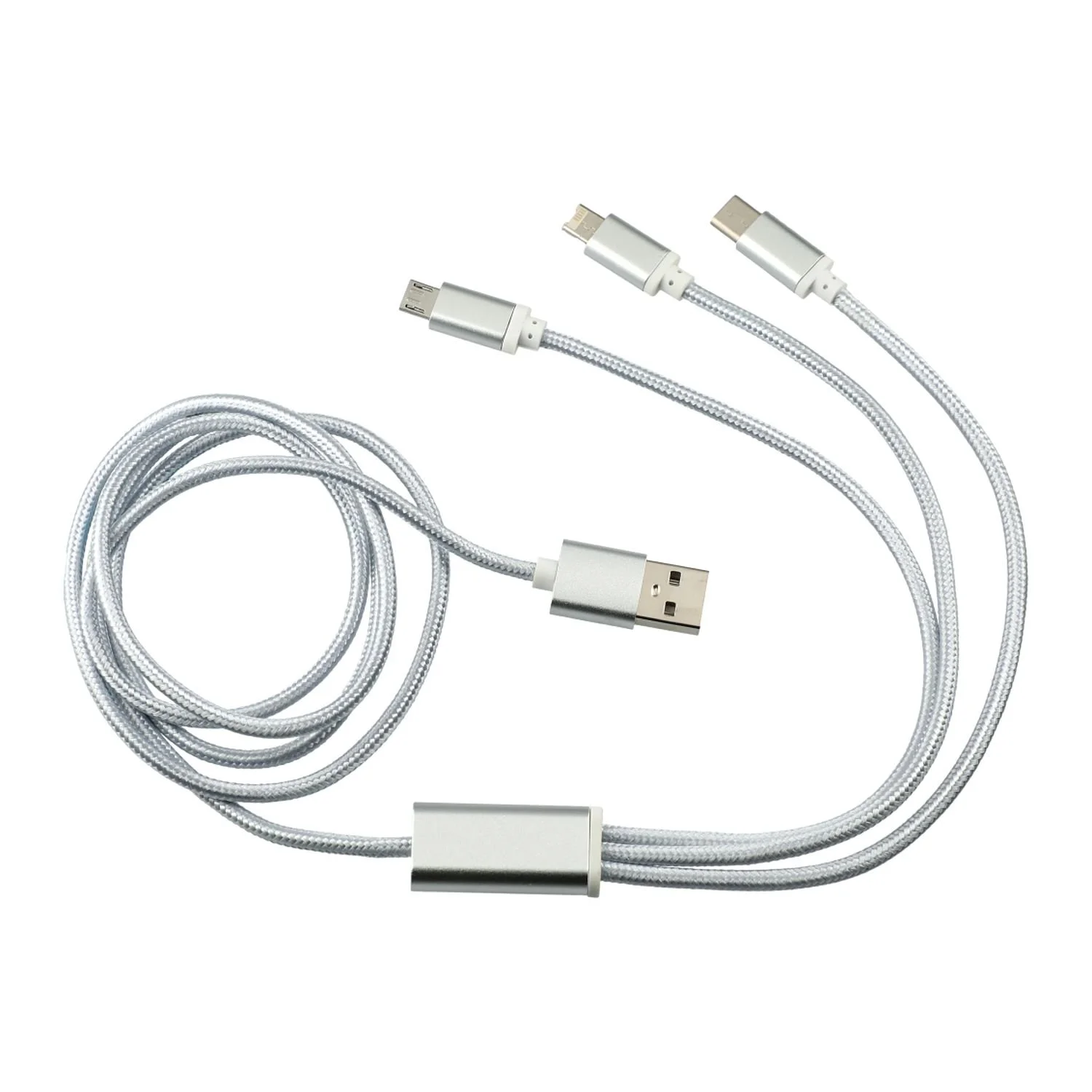 Silver version of Realm 3-in-1 charging cable with long braided nylon design and USB-A connector