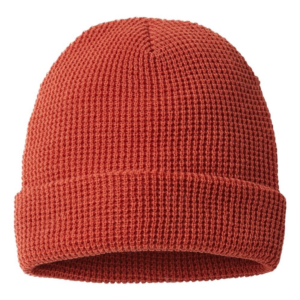 Flat lay of the Richardson 146R Waffle Knit Beanie in Rust with visible cuff and seams