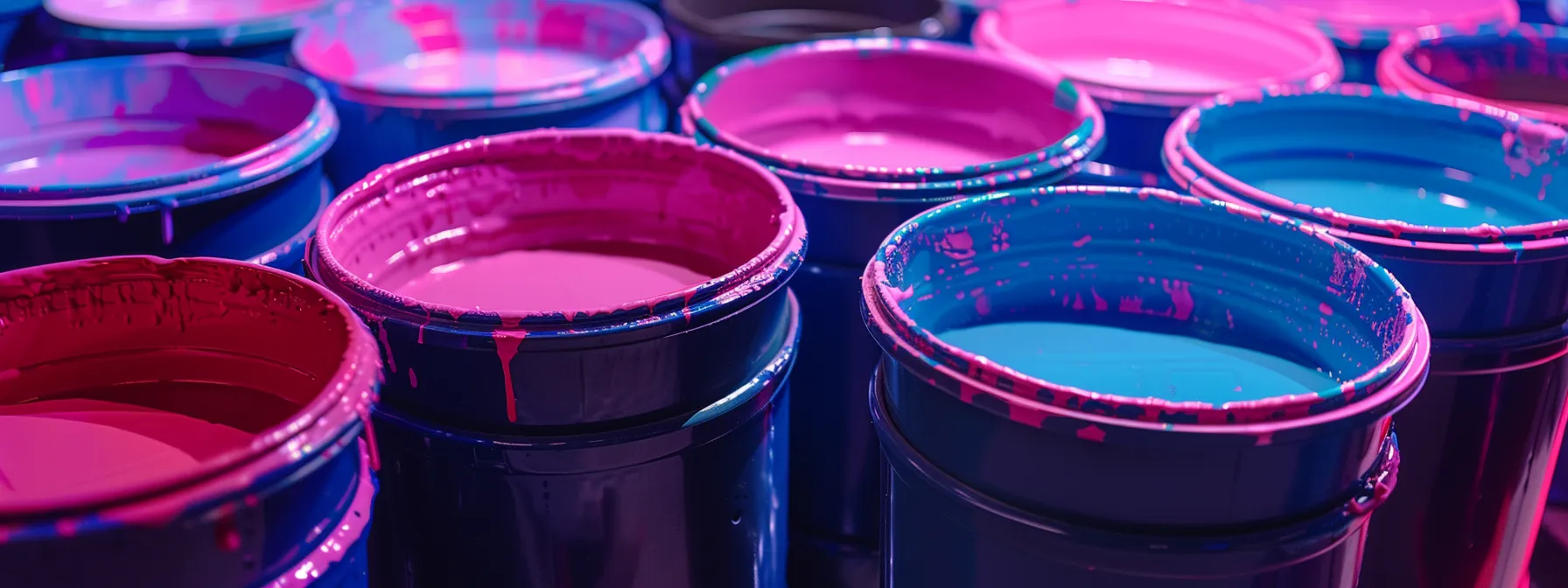 multiple buckets of plastisol for screen printing in bright colors