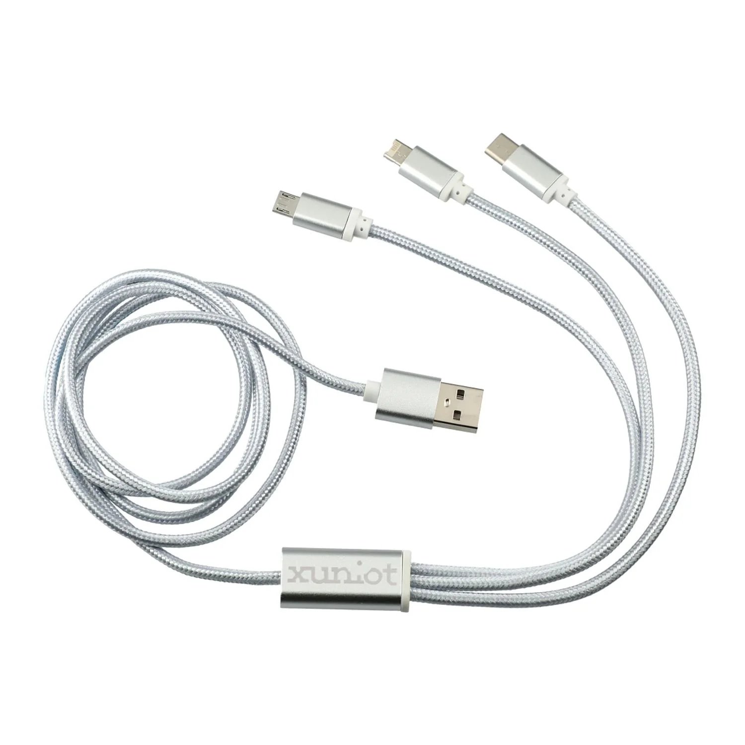 Silver Realm 3-in-1 long charging cable with USB-A, Micro USB, USB-C, and iOS tips laid out on white background
