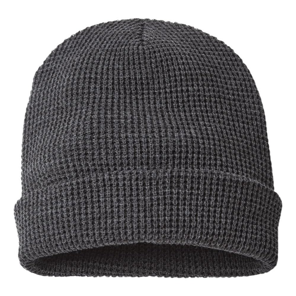 Flat lay of the Richardson 146R Waffle Knit Beanie in Heather Charcoal with visible cuff and seams