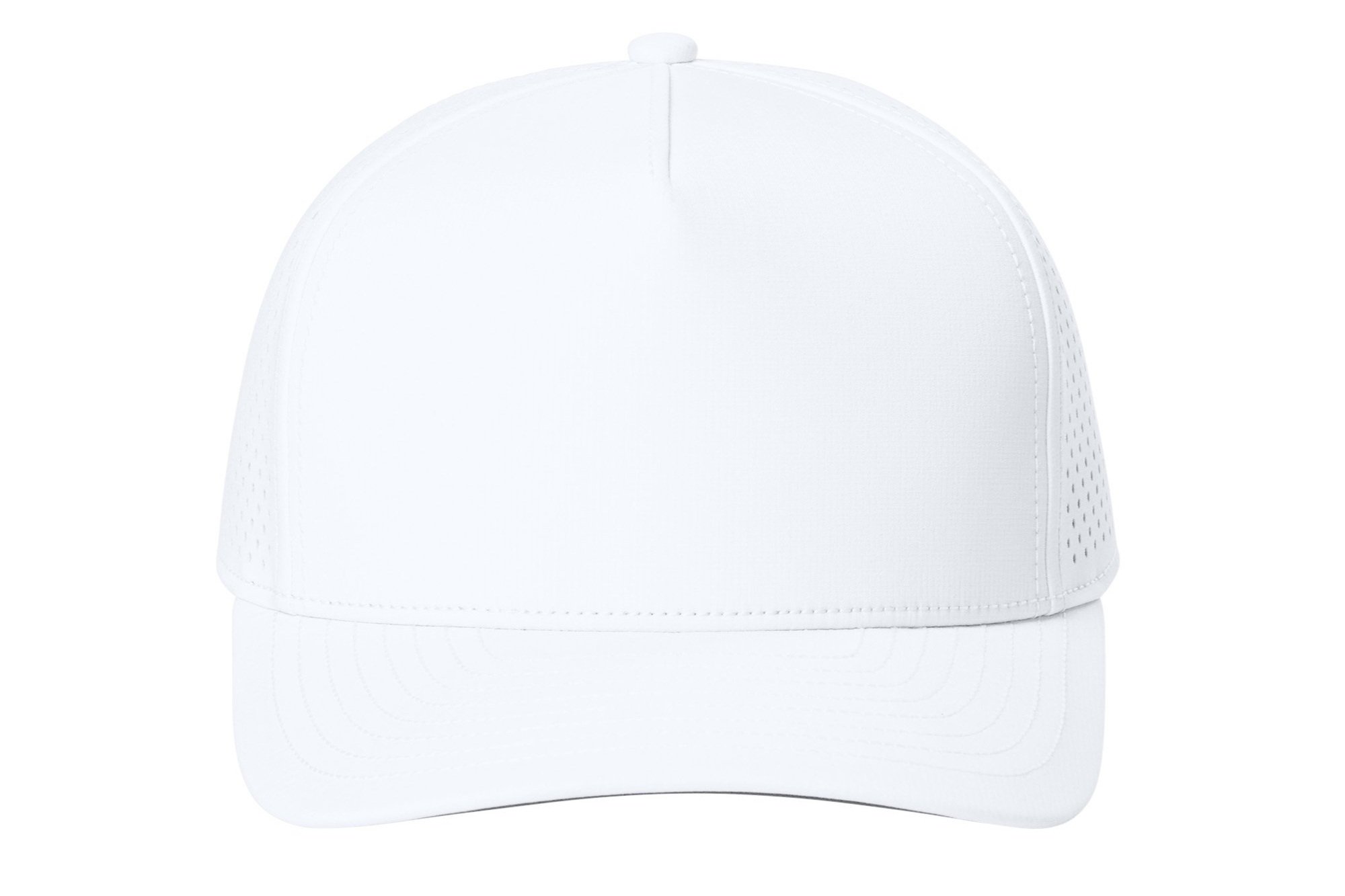 Front view of the White OGIO 5-panel low-profile performance cap with structured crown and curved visor