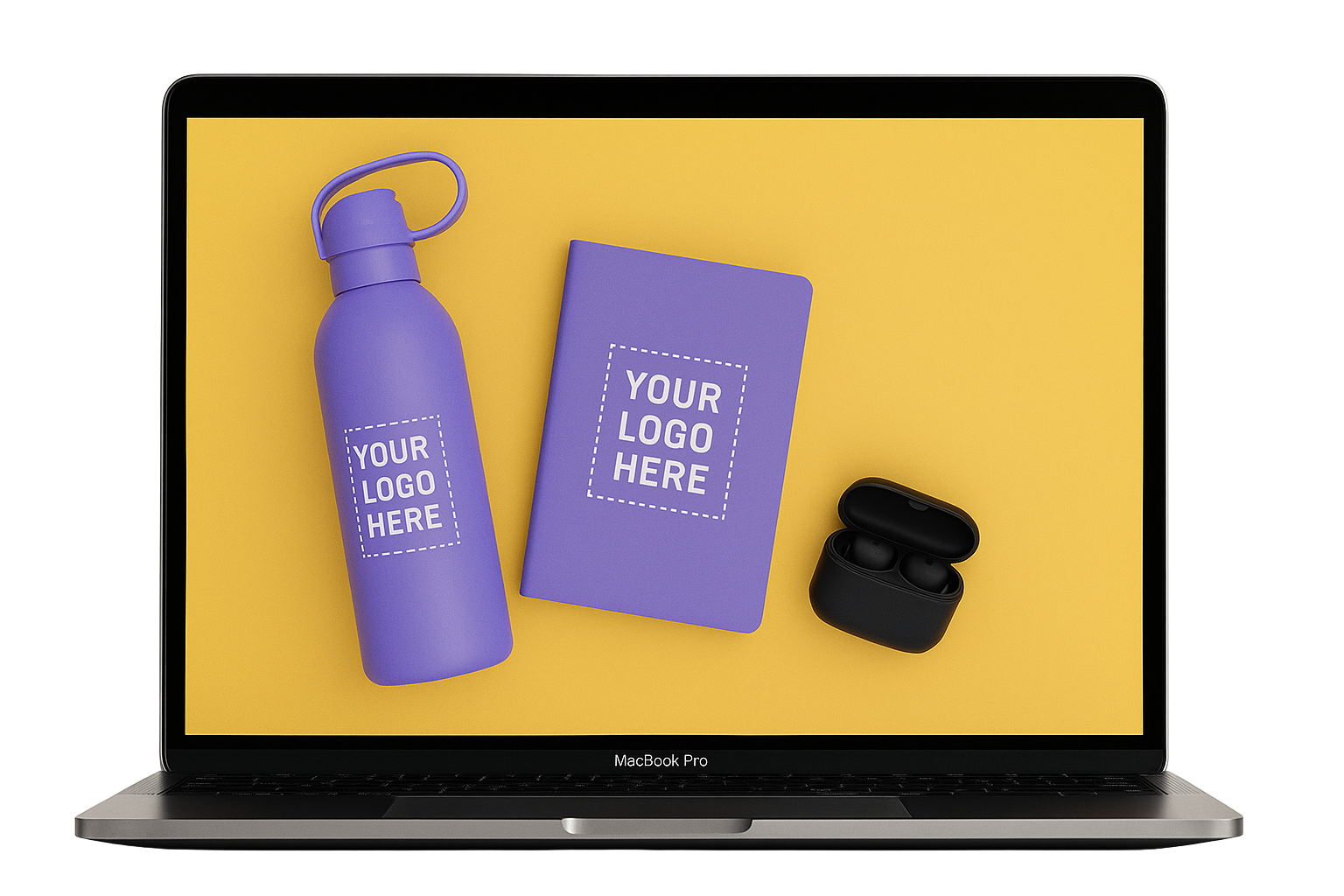Laptop screen displaying HighVolve promotional merchandise including a purple water bottle, matching notebook, and wireless earbuds on a yellow background.