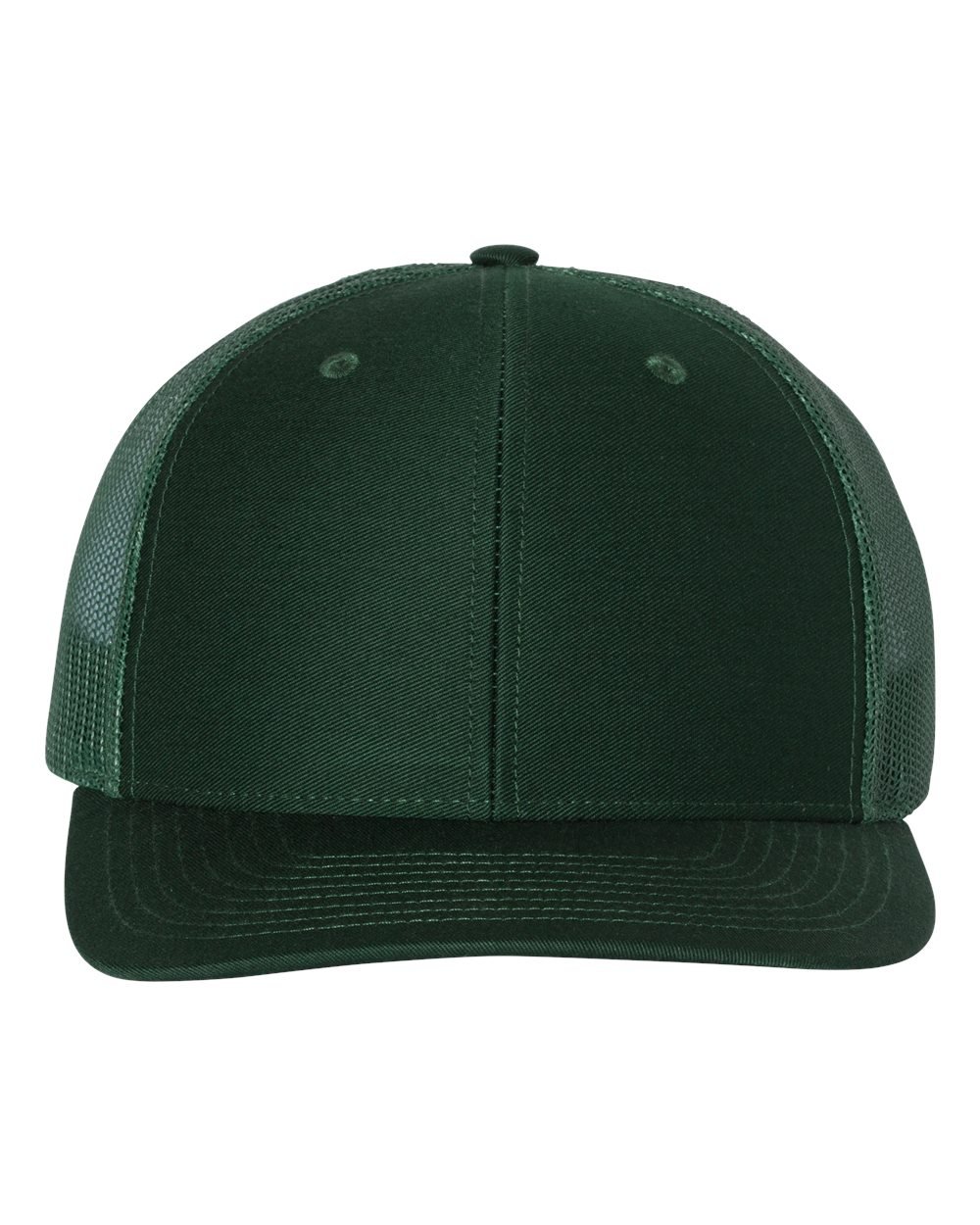 Richardson 112R Snapback Trucker Cap in Dark Green shown from front angle with no logo.