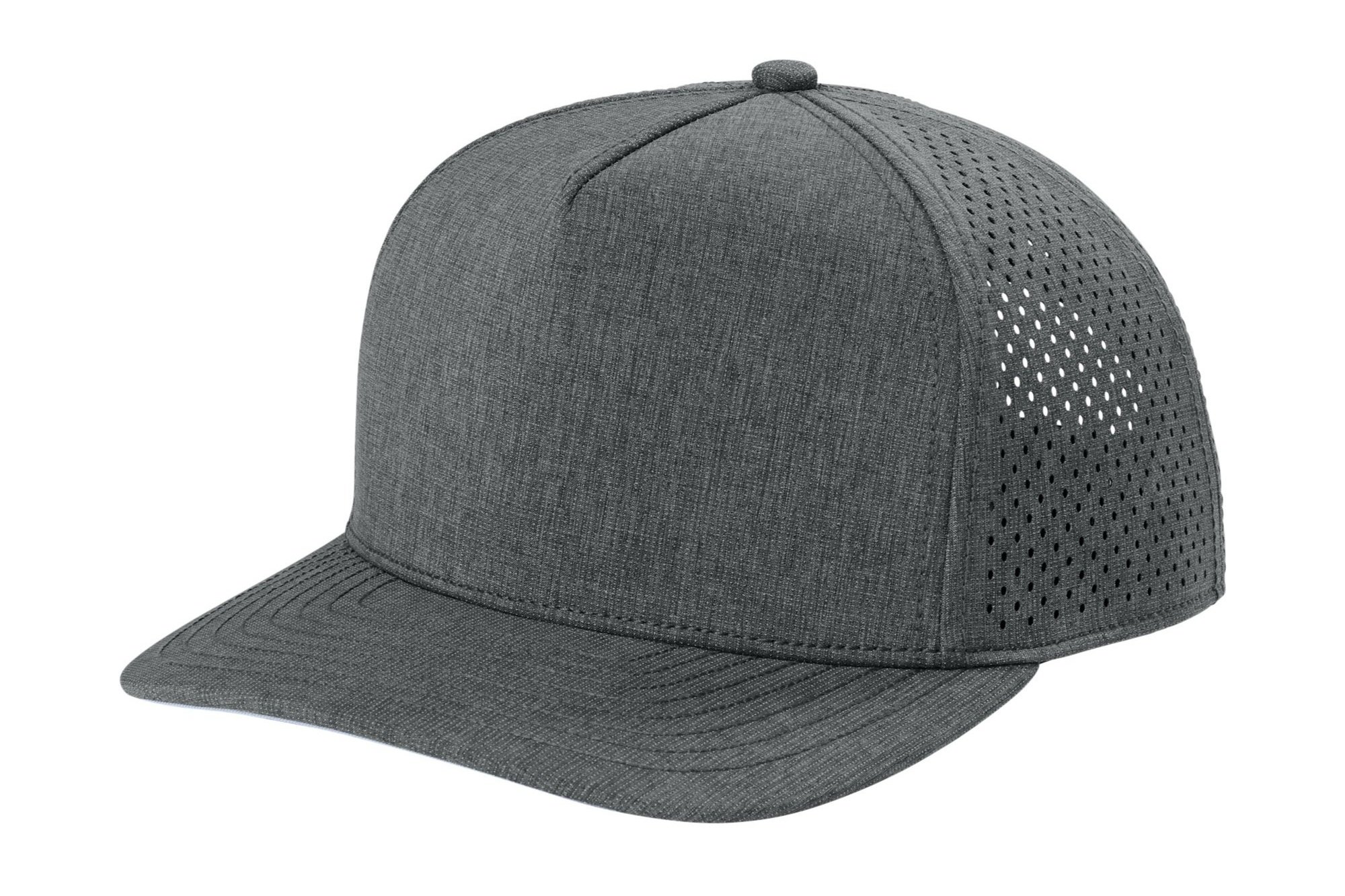 Left side of the Heather Gear Grey OGIO performance cap highlighting the breathable panel construction and sleek profile