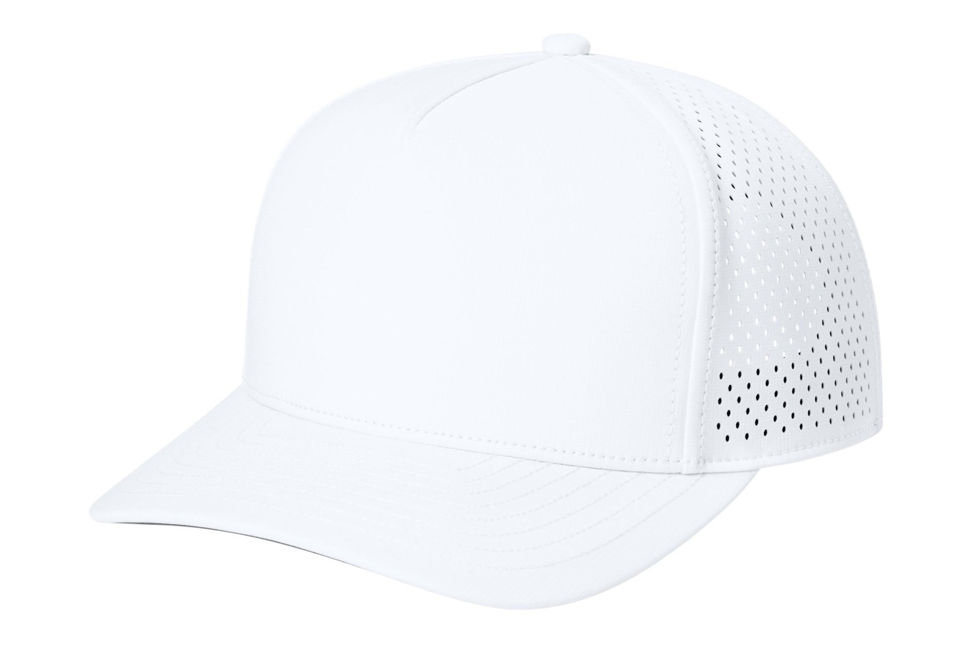Left side of the White OGIO performance cap highlighting the breathable panel construction and sleek profile