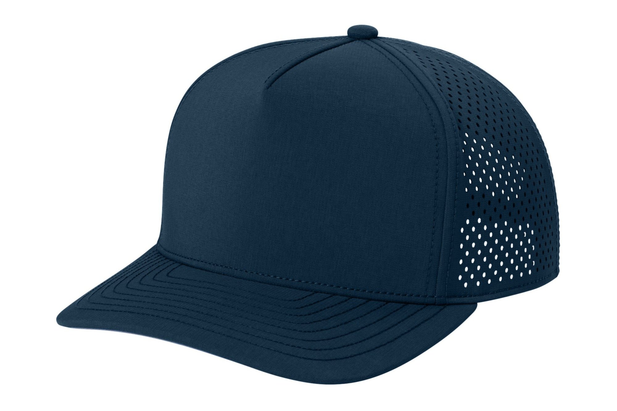 Left side of the River Blue Navy OGIO performance cap highlighting the breathable panel construction and sleek profile