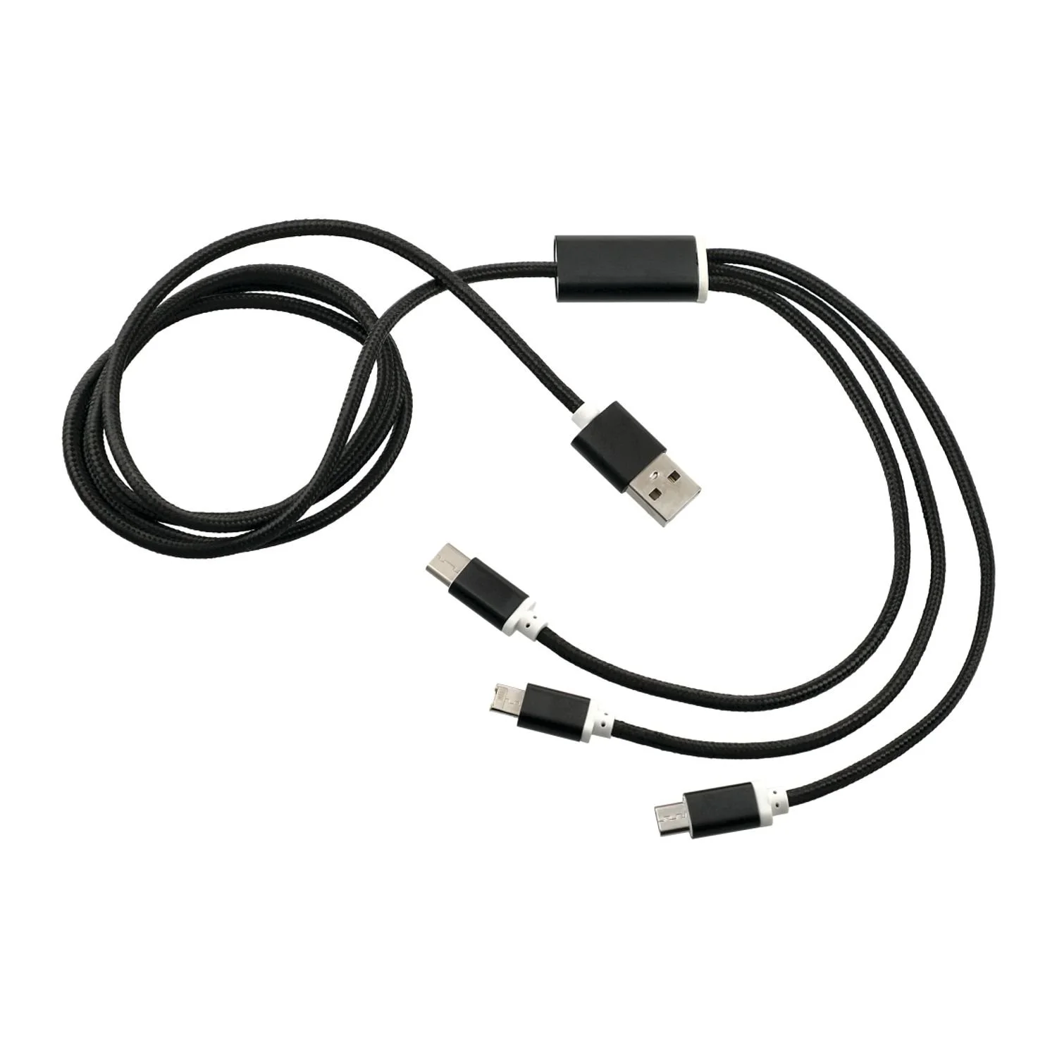 Black Realm 3-in-1 braided charging cable featuring USB-A and three connector tips for multi-device use
