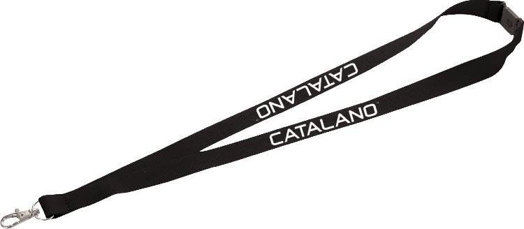 Black lanyard with white "Catalano" imprint and lobster clip