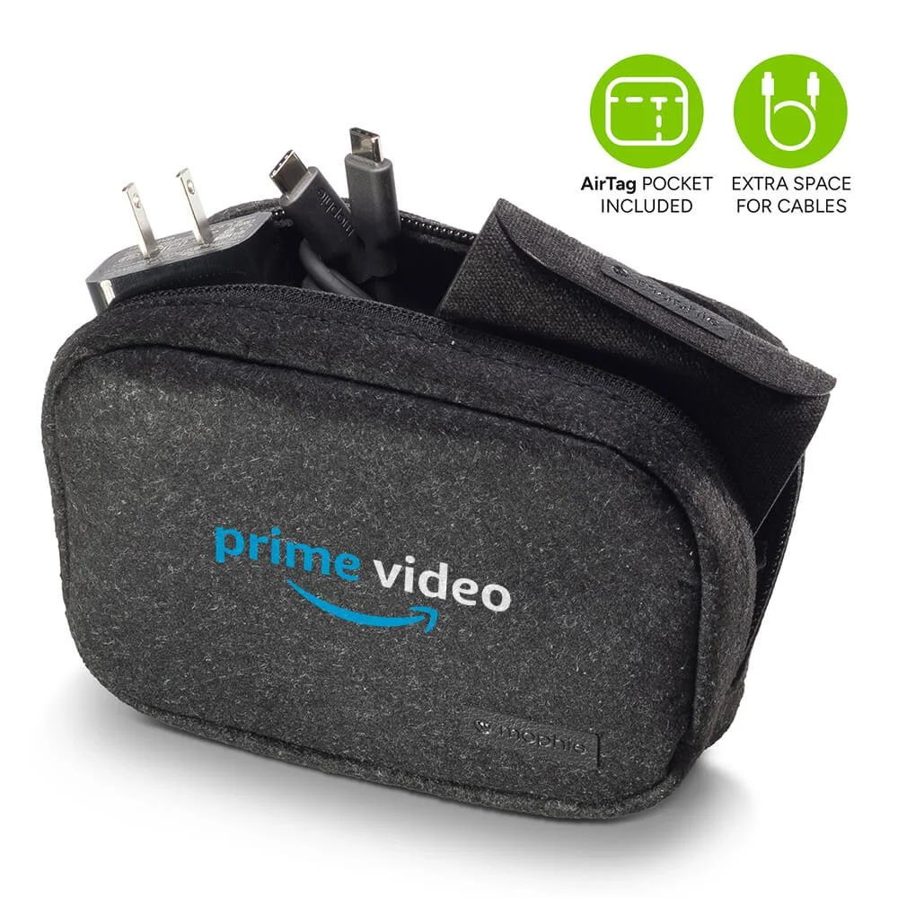 Prime Video logo on Mophie travel pouch with charging cables inside