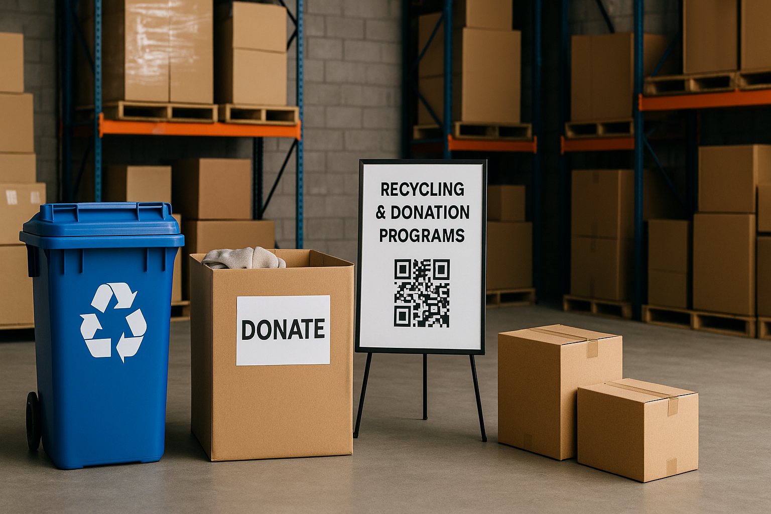 Warehouse scene with a blue recycling bin, a cardboard donation box labeled “DONATE,” and a QR sign for recycling and donation programs, surrounded by stacked shipping boxes.