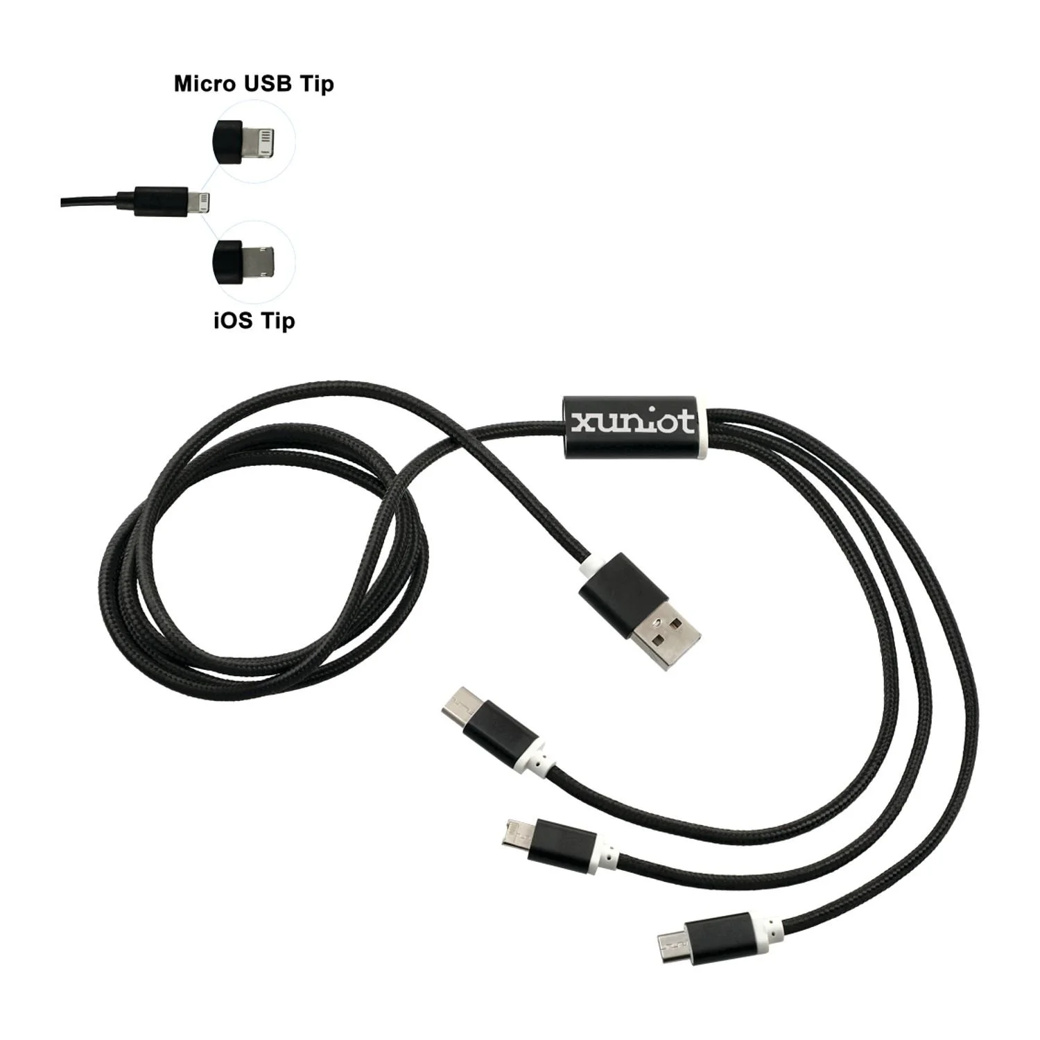 Close-up of black Realm 3-in-1 charging cable showing interchangeable Micro USB and iOS tip adapter