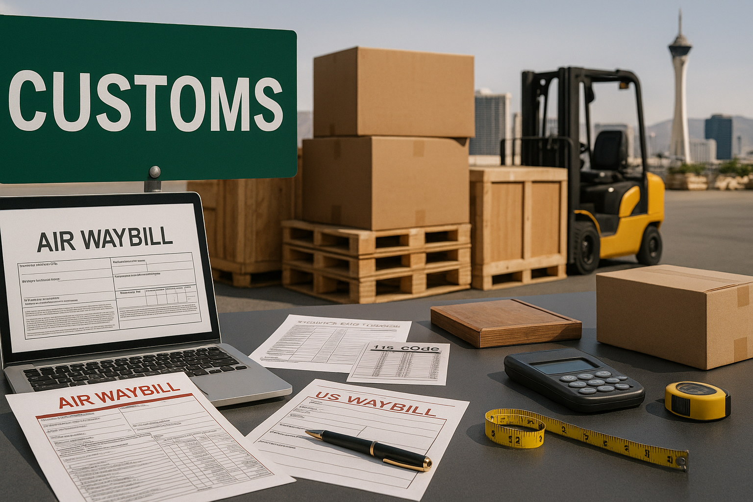Customs checkpoint scene with waybill documents on a table, pallets and crates near a forklift, and the Las Vegas skyline in the background—illustrating shipping and freight rules for exhibitors.
