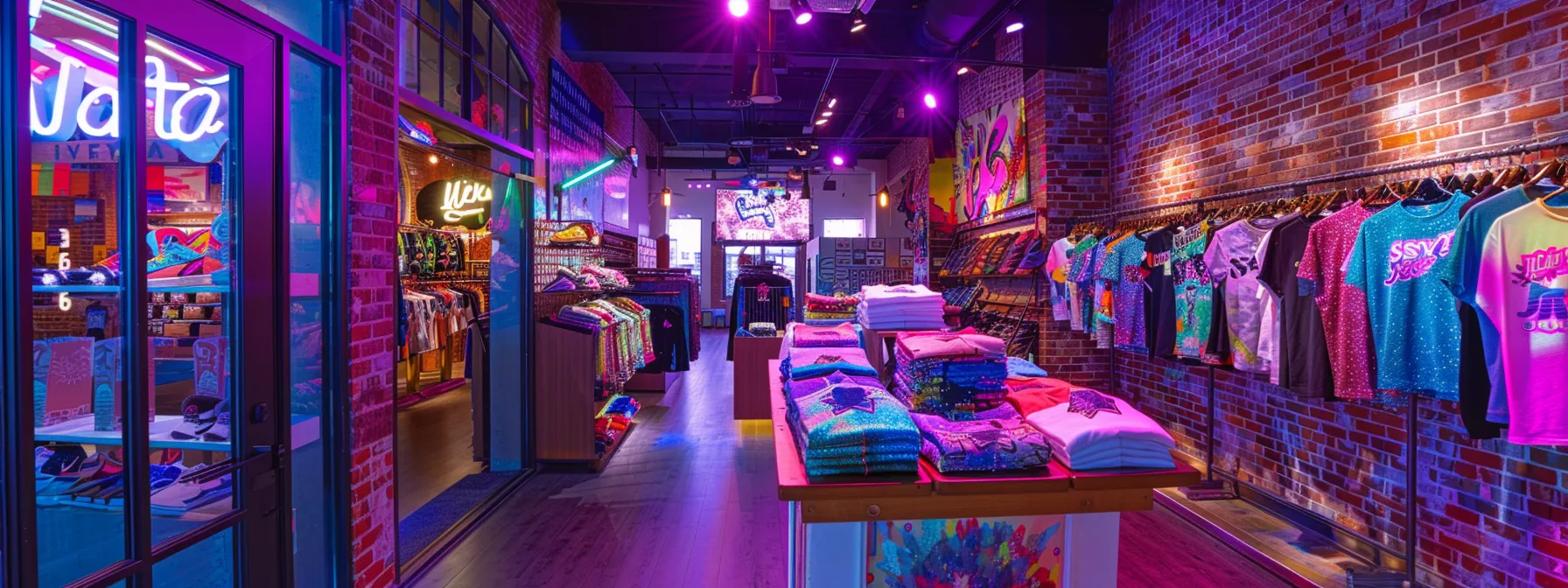 a vibrant scene showcasing a selection of vividly printed apparel in brilliant colors, accented with glitter finishes and ultraviolet coatings, emphasizing the artistry and local craftsmanship of quality screen printing services in las vegas.