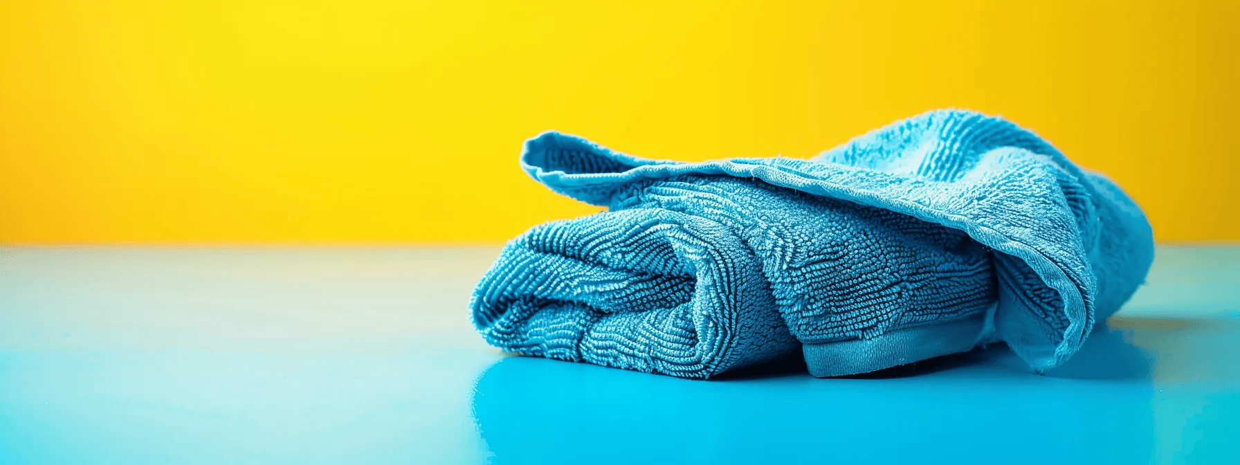 blue and yellow background with a blue microfiber towel folded