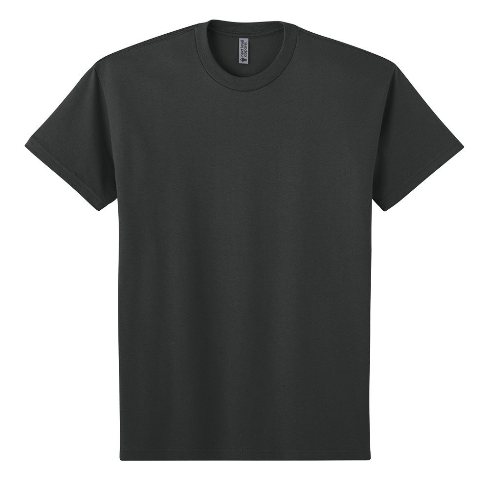 Next Level 7200 heavyweight tee in Graphite Black, shown from front with relaxed drop-shoulder fit