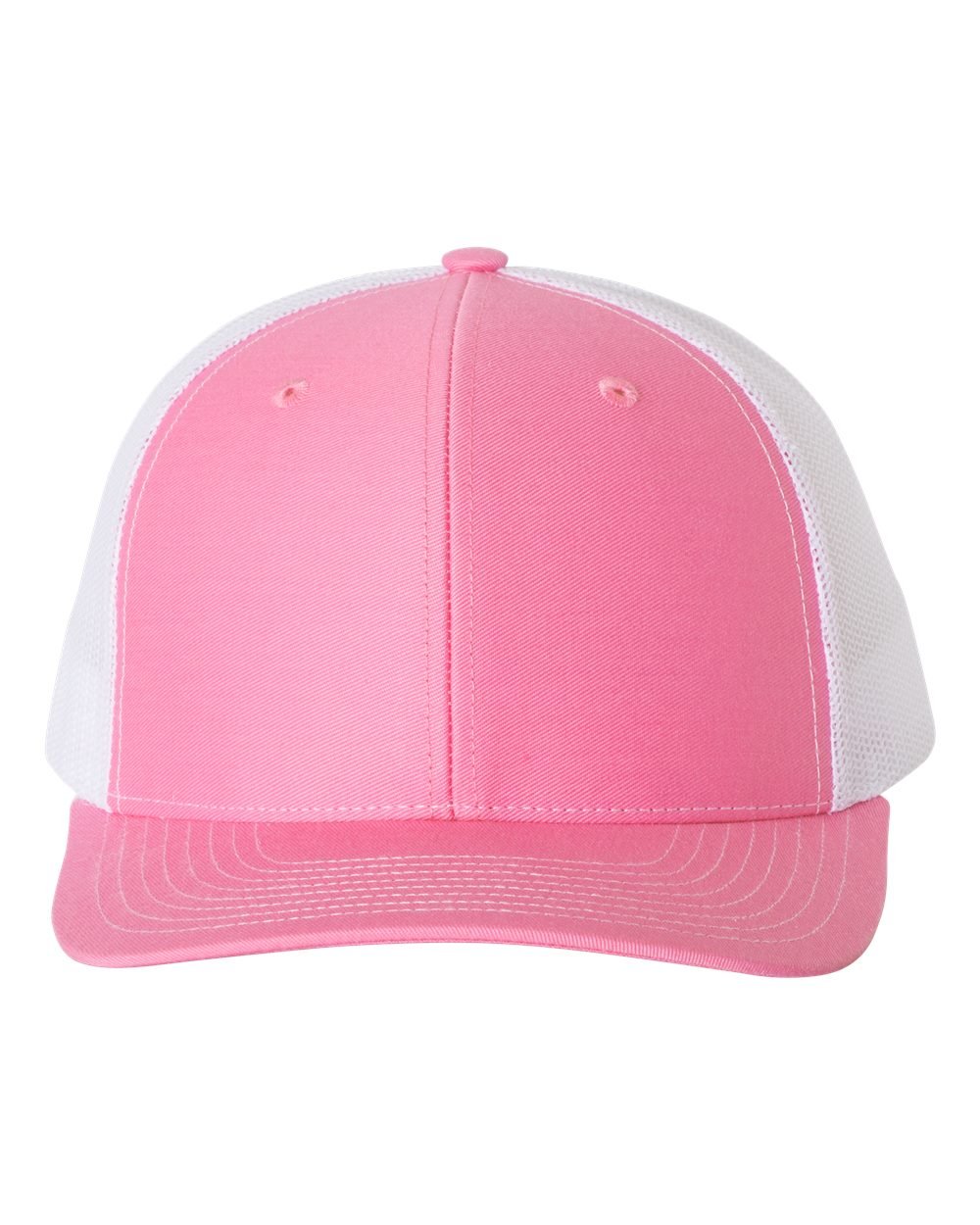 Richardson 112R Snapback Trucker Cap in Hot Pink/White shown from front angle with no logo.