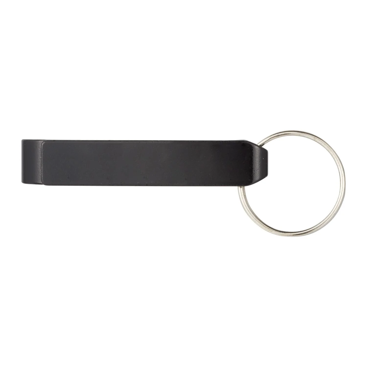 Black promotional keychain bottle opener displayed on white background