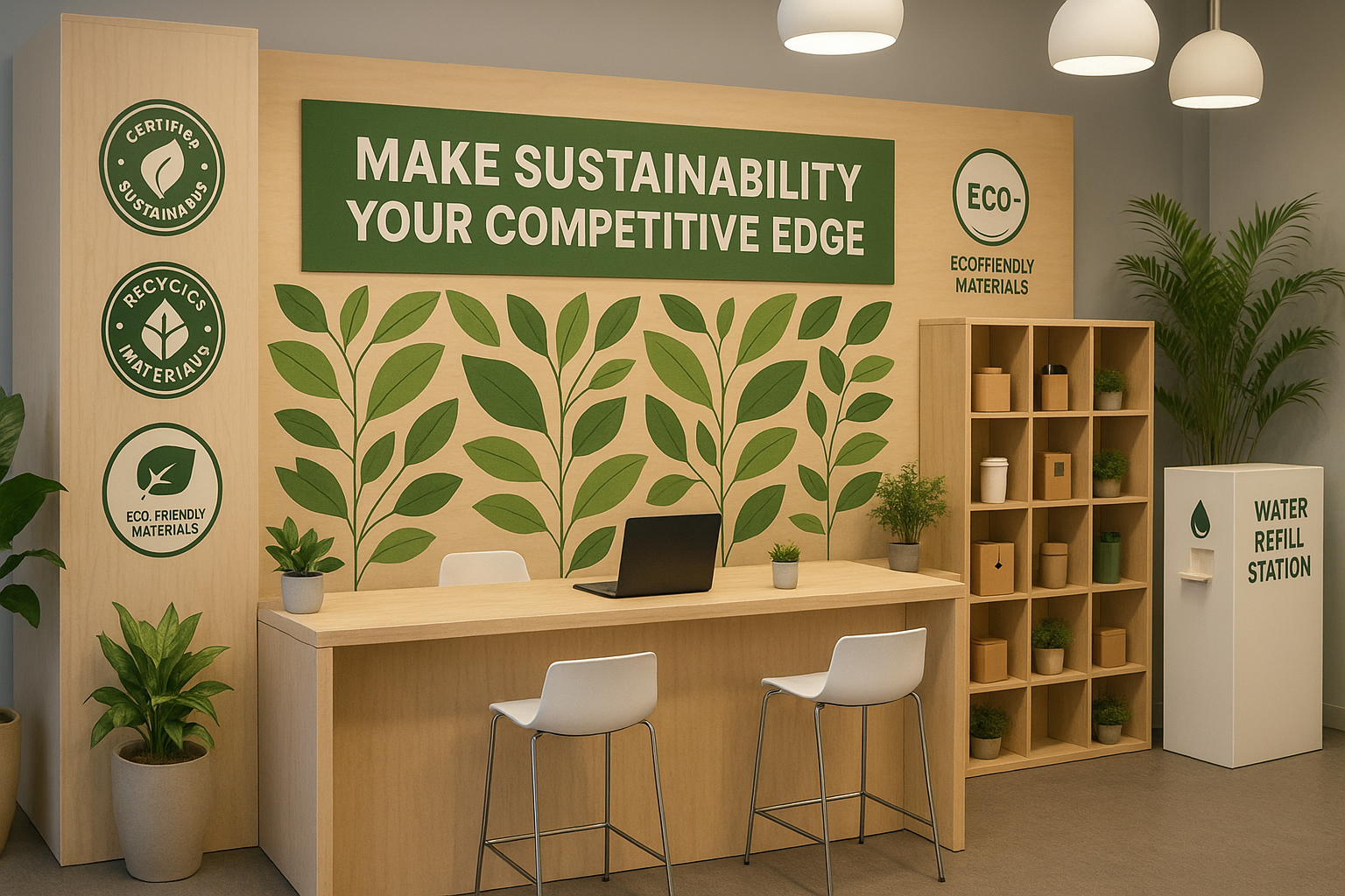 Eco-friendly trade show booth with light-wood fixtures, green leaf wall graphic, plants, and a water refill station—showcasing sustainability as a competitive edge.
