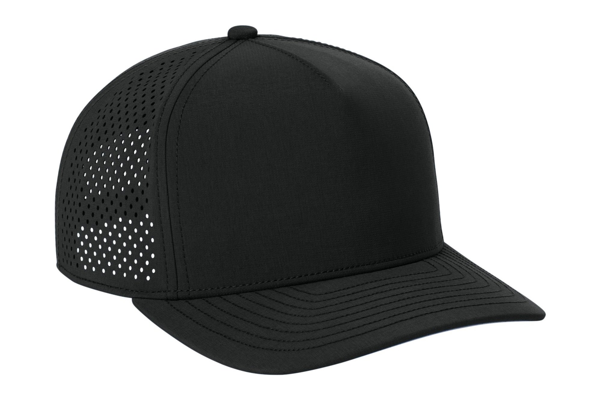 Right angle of the Blacktop OGIO 5-panel cap showing moisture-wicking fabric and stitching details