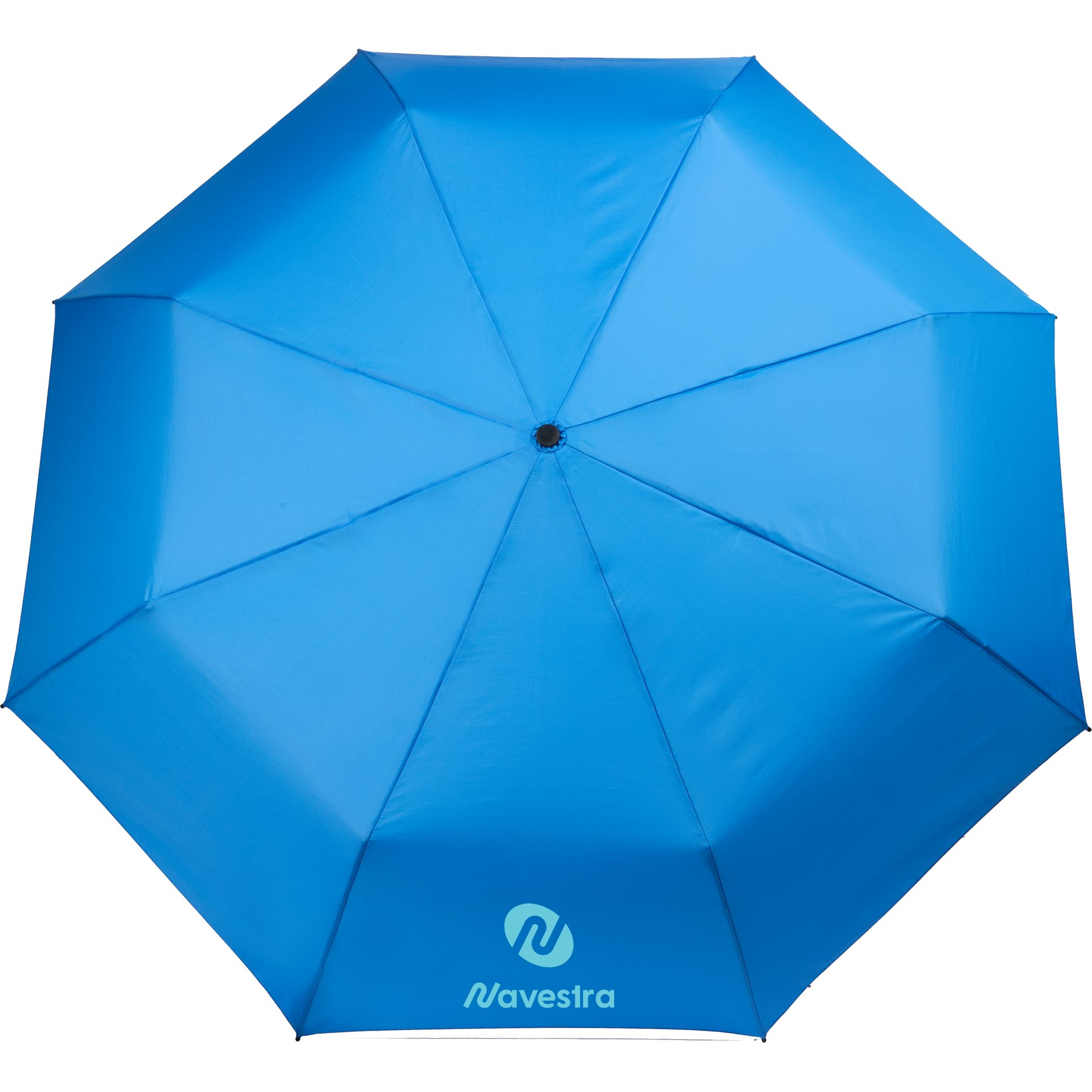 Royal blue umbrella fully opened with logo printed on one panel