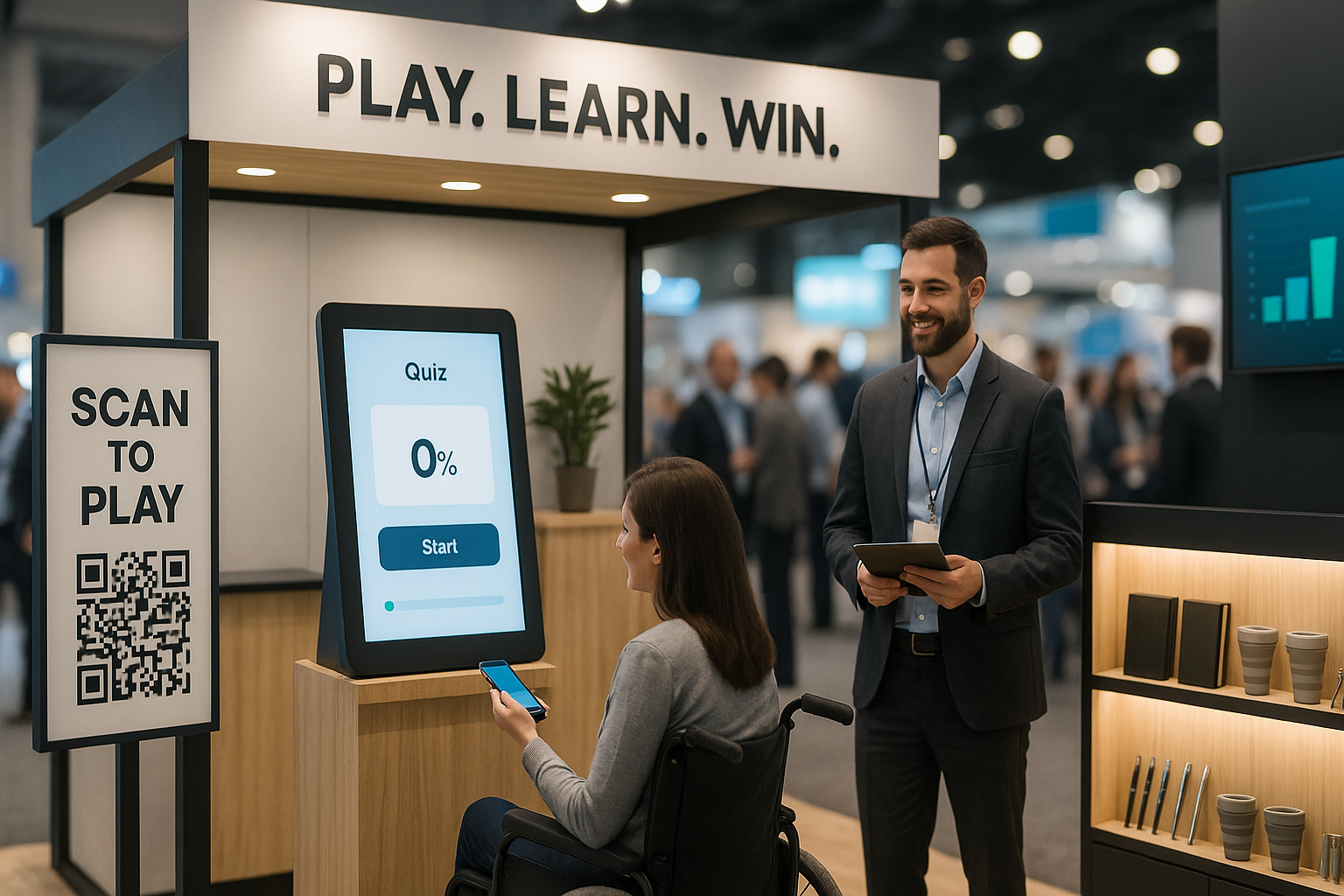 Realistic trade show booth with a “Scan to Play” QR stand, touchscreen quiz kiosk, attendant using a tablet, accessible pathway with a visitor in a wheelchair, prize shelf with small giveaways, and a side monitor showing engagement analytics.