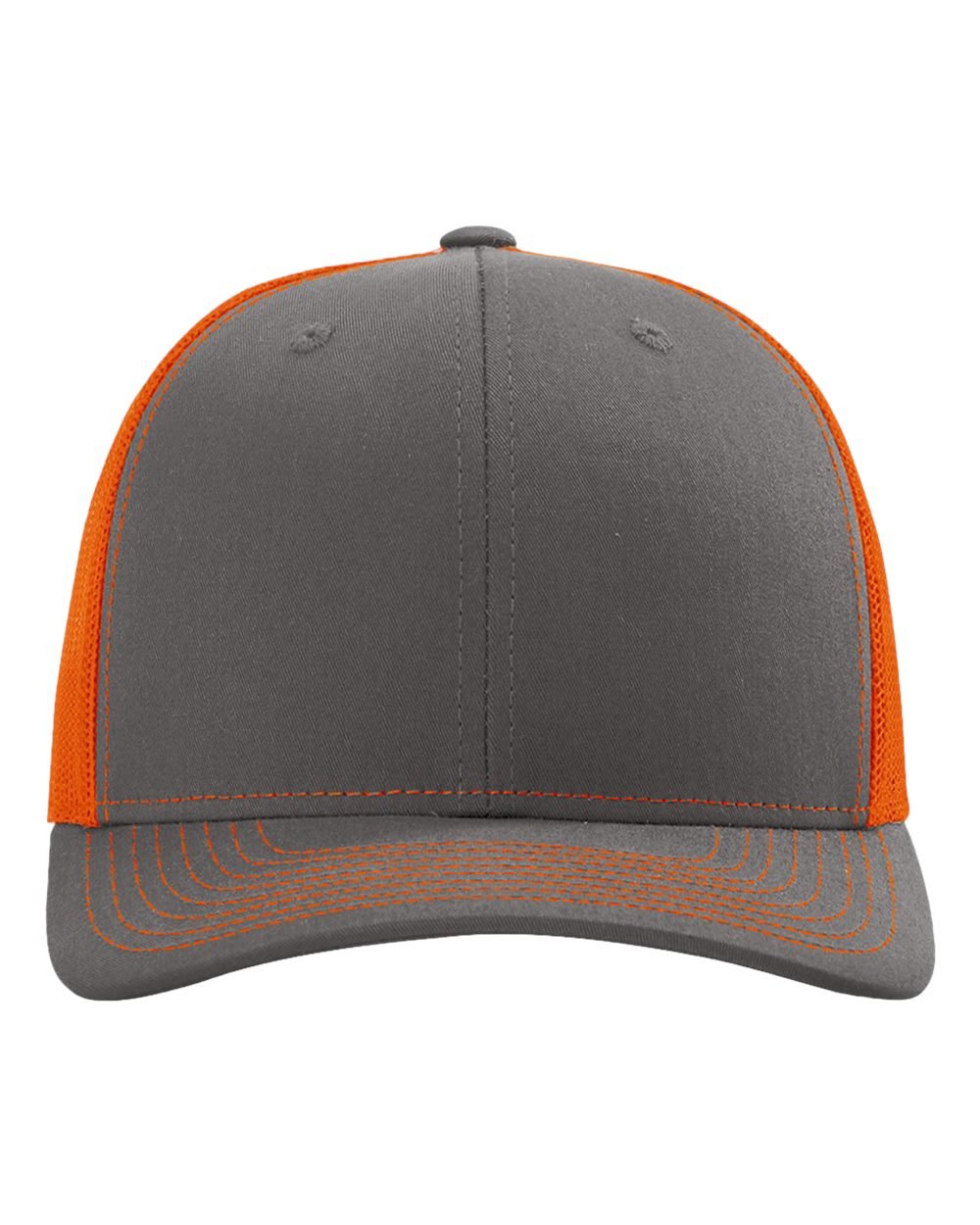 Richardson 112R Snapback Trucker Cap in Charcoal/Orange shown from front angle with no logo.