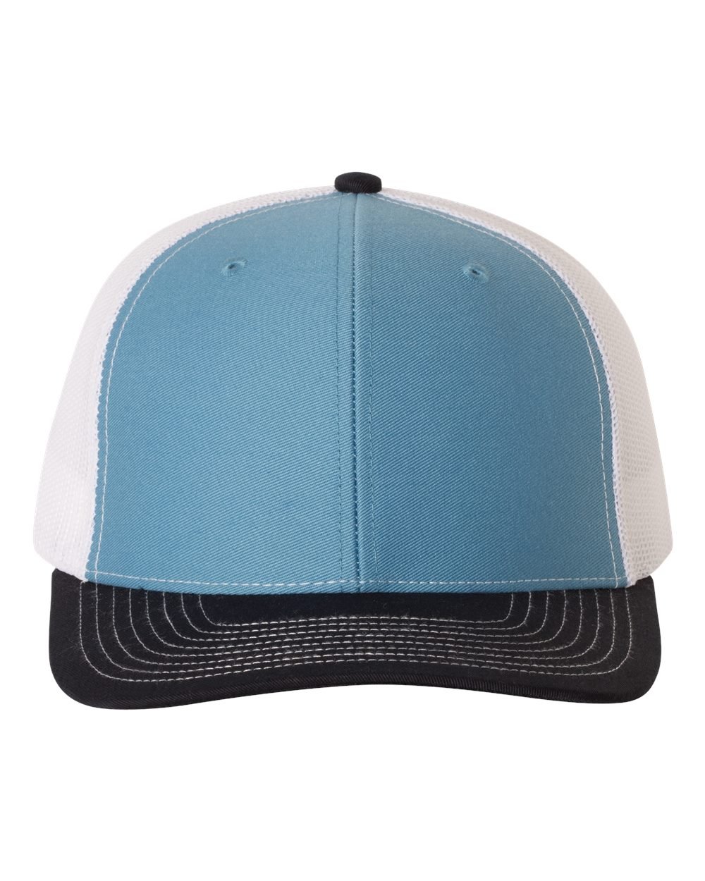 Richardson 112R Snapback Trucker Cap in Columbia Blue/White/Navy shown from front angle with no logo.