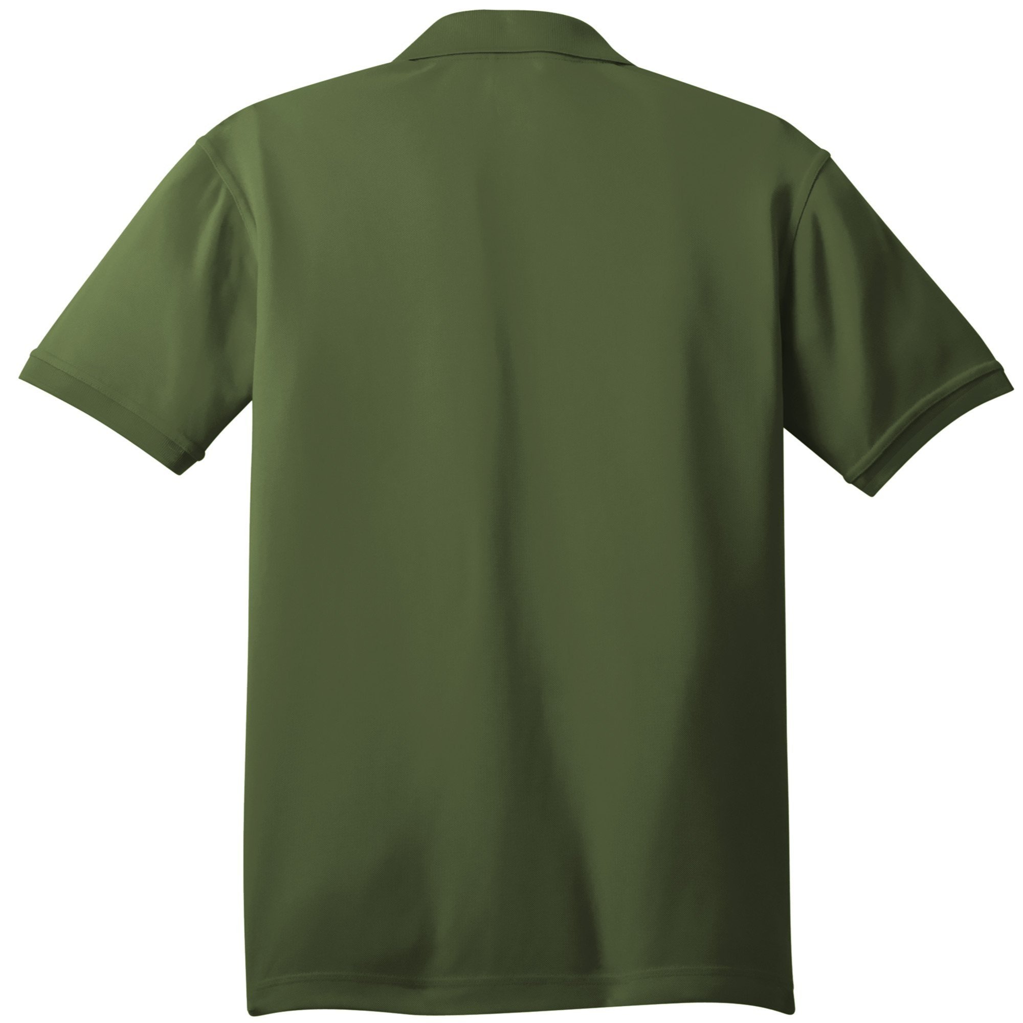 OGIO Caliber2.0 Polo in Grit Green, shown from back, featuring 3-button placket and tonal OGIO sleeve logo.