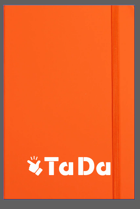 TaDa Gaming wanted a bold yet clean notebook that would pop in any setting, so we started with a vivid orange hardbound journal and added their white logo along the bottom edge. The elastic closure and minimalist imprint keep the piece looking modern