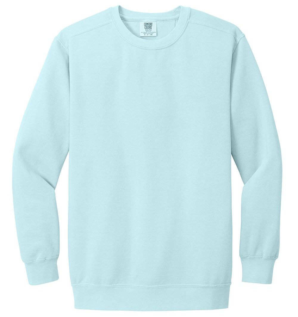 Comfort Colors 1566 crewneck sweatshirt in Chambray, front view with pigment-dyed finish and ribbed cuffs