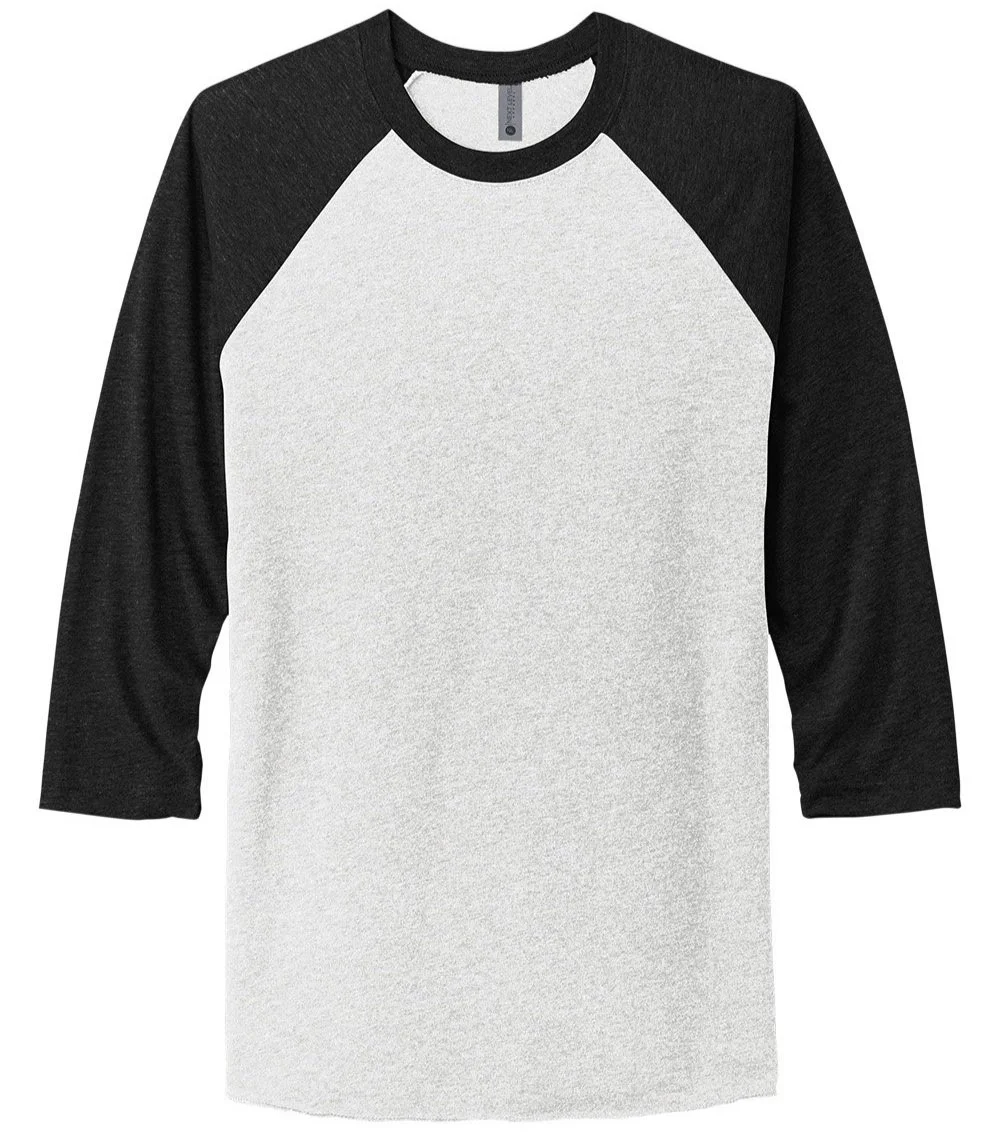 Next Level 6051 3/4-sleeve raglan tee in Vintage Black/Heather White, front view with contrast sleeves and curved bottom hem