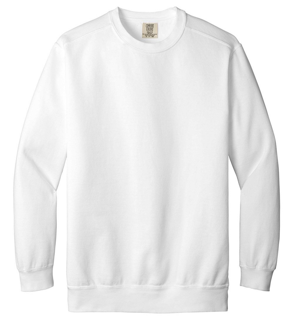 Comfort Colors 1566 crewneck sweatshirt in White, front view with pigment-dyed finish and ribbed cuffs