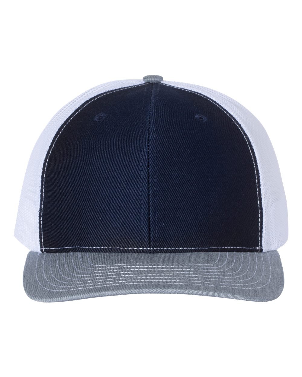 Richardson 112R Snapback Trucker Cap in Navy/White/Heather Grey shown from front angle with no logo.