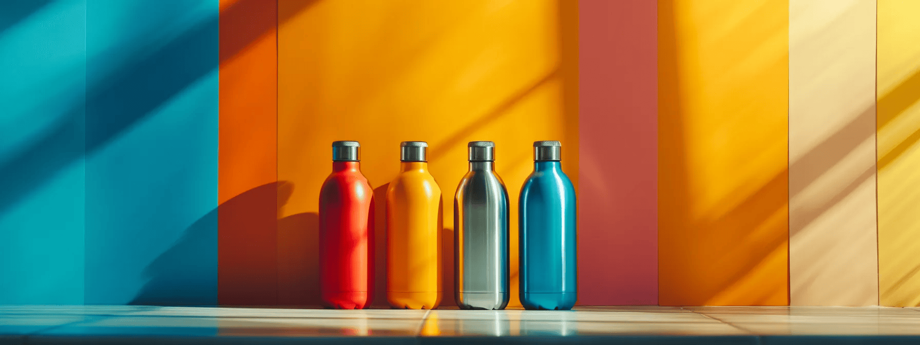 blue and orange background with stainless steel water bottles in front of the background the bottles are the same color as the background