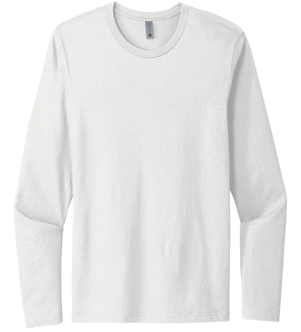 Next Level 3601 cotton long sleeve tee in White, front view showing retail fit and soft cotton fabric