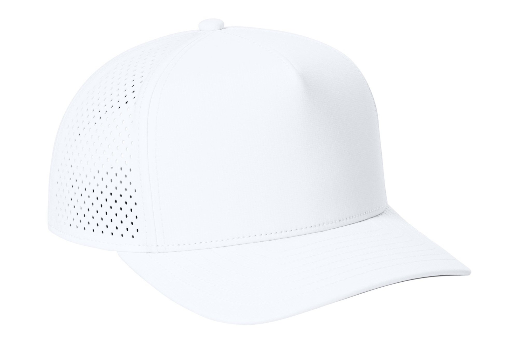 Right angle of the White OGIO 5-panel cap showing moisture-wicking fabric and stitching details