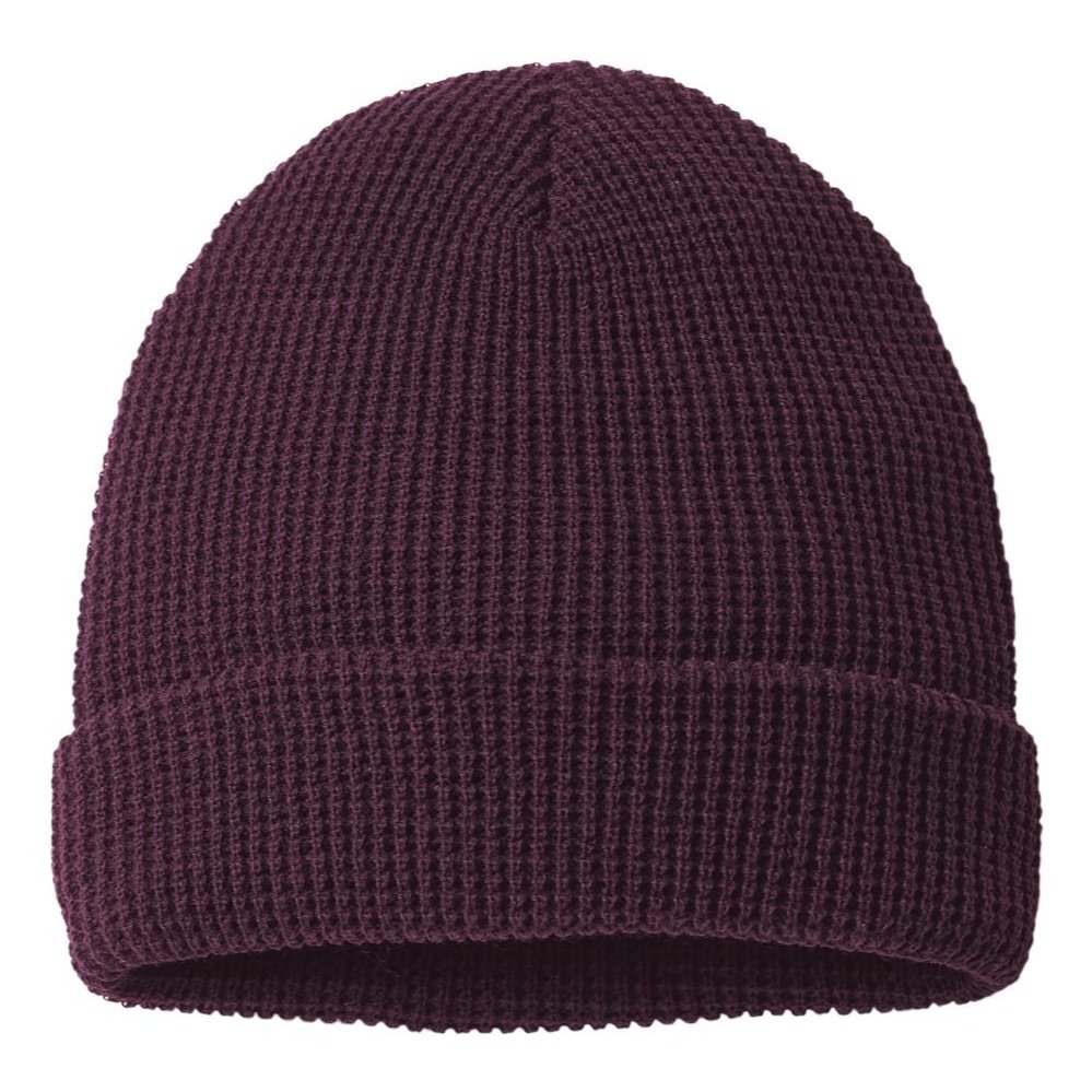 Flat lay of the Richardson 146R Waffle Knit Beanie in Burgundy with visible cuff and seams