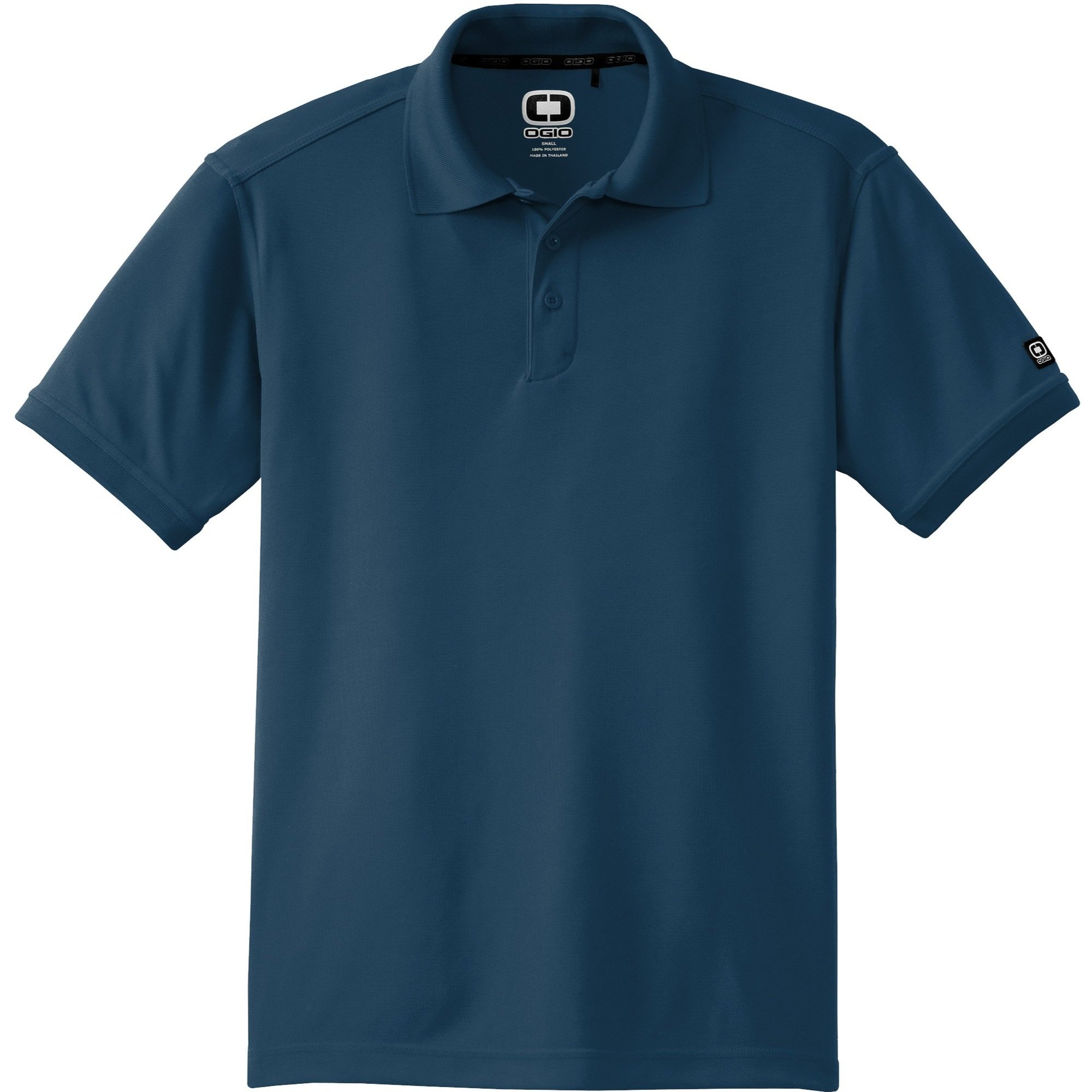 OGIO Caliber2.0 Polo in Spar Blue, shown from front, featuring 3-button placket and tonal OGIO sleeve logo.