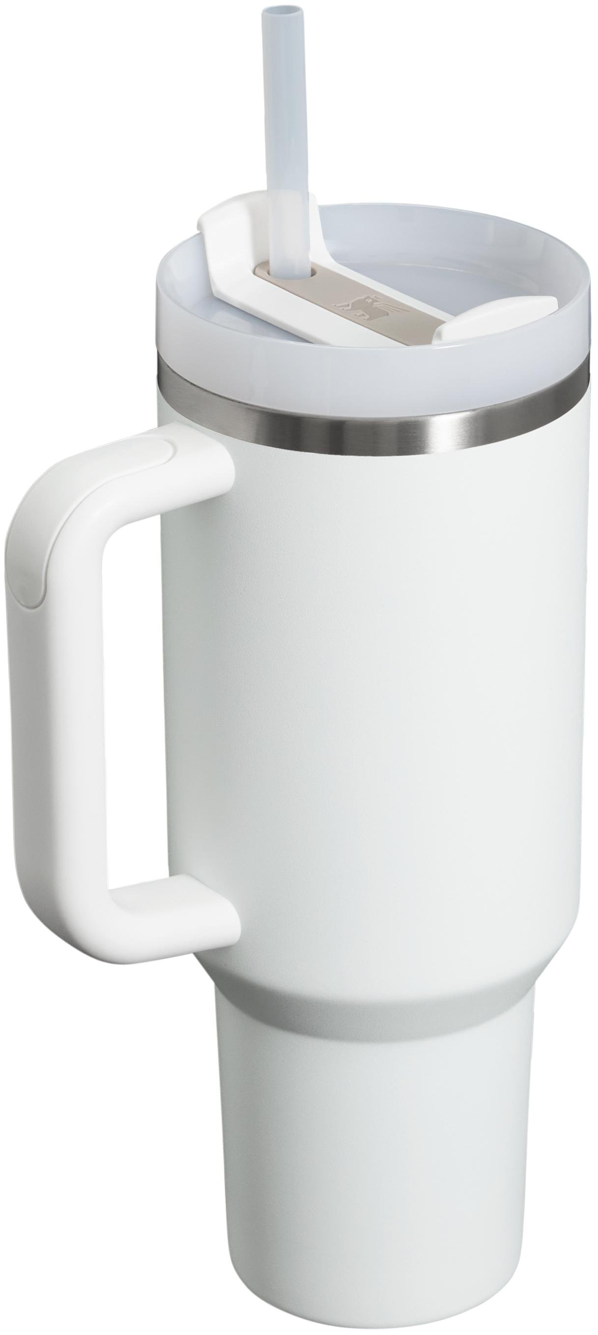 Frost-colored Stanley tumbler top-down view showing straw-friendly lid and stainless steel rim