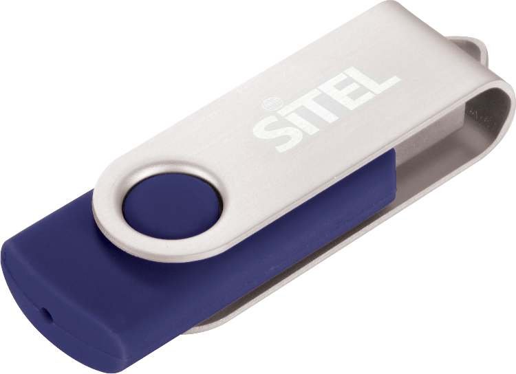 Royal blue USB flash drive with SITEL branding and brushed silver clip