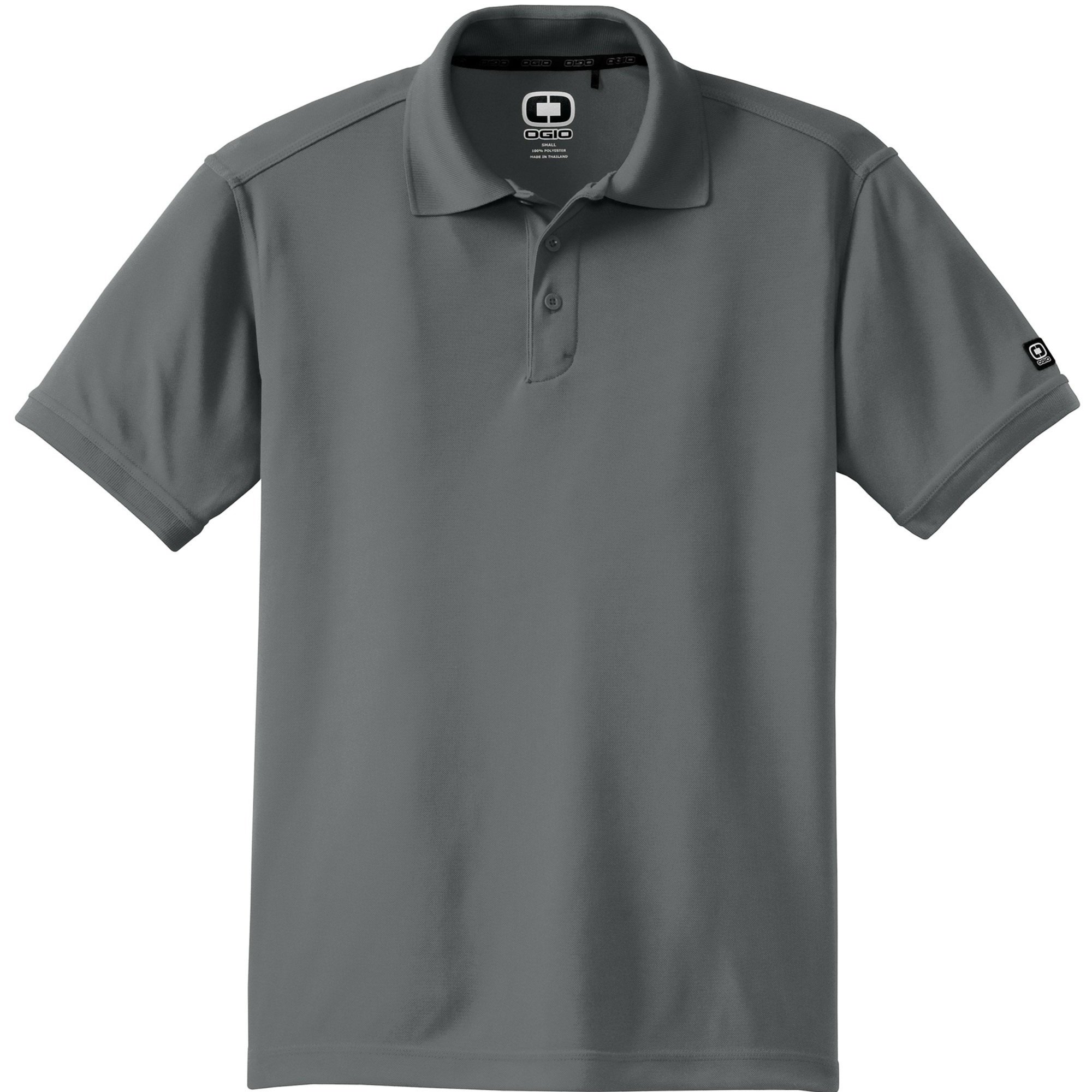 OGIO Caliber2.0 Polo in Rogue Grey, shown from front, featuring 3-button placket and tonal OGIO sleeve logo.