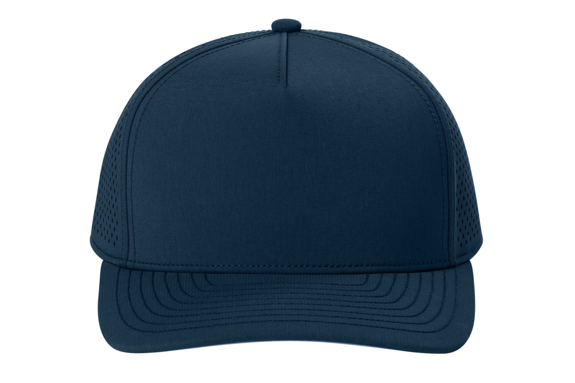 Front view of the River Blue Navy OGIO 5-panel low-profile performance cap with structured crown and curved visor