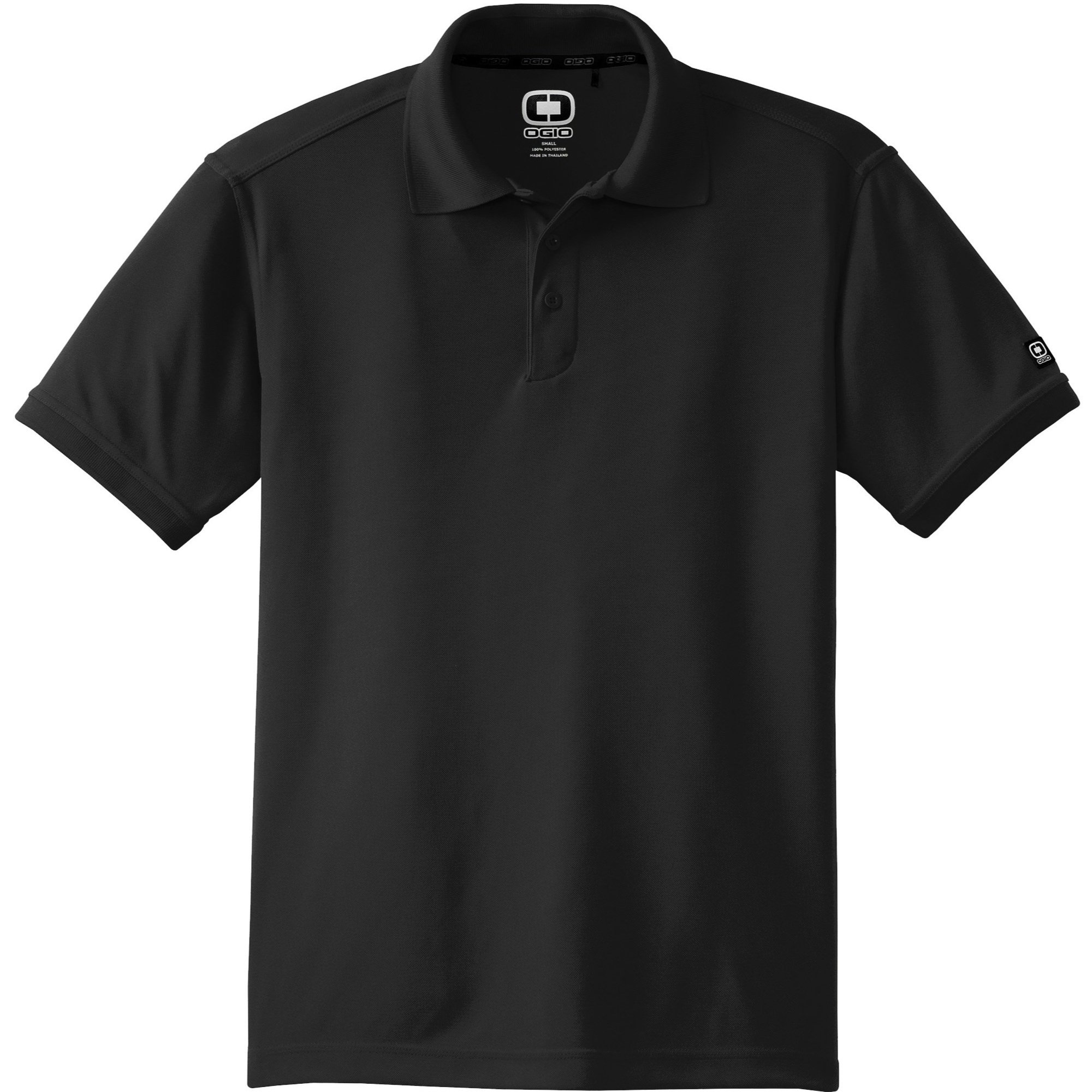 OGIO Caliber2.0 Polo in Blacktop, shown from front, featuring 3-button placket and tonal OGIO sleeve logo.