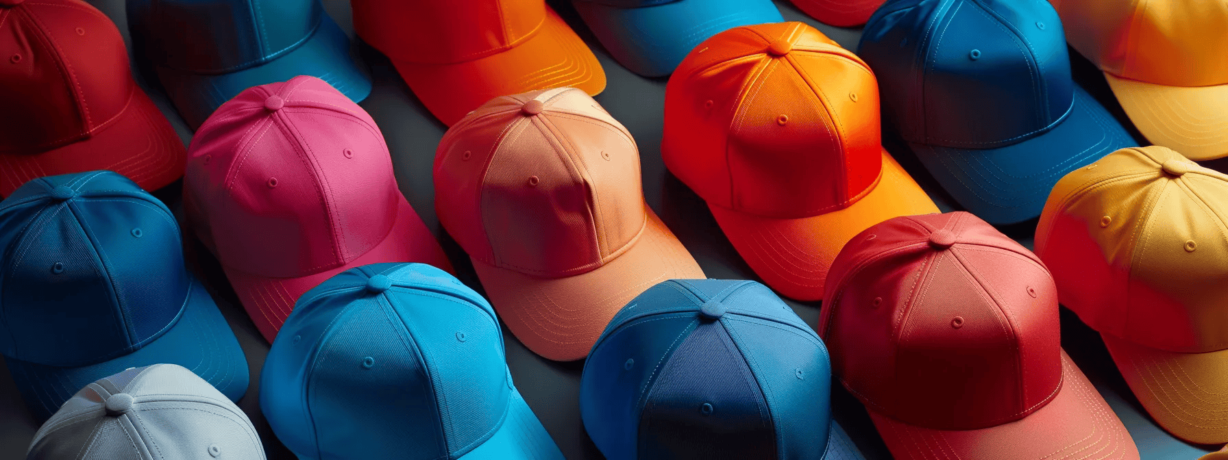 baseball caps lined up in different colors on a dark background