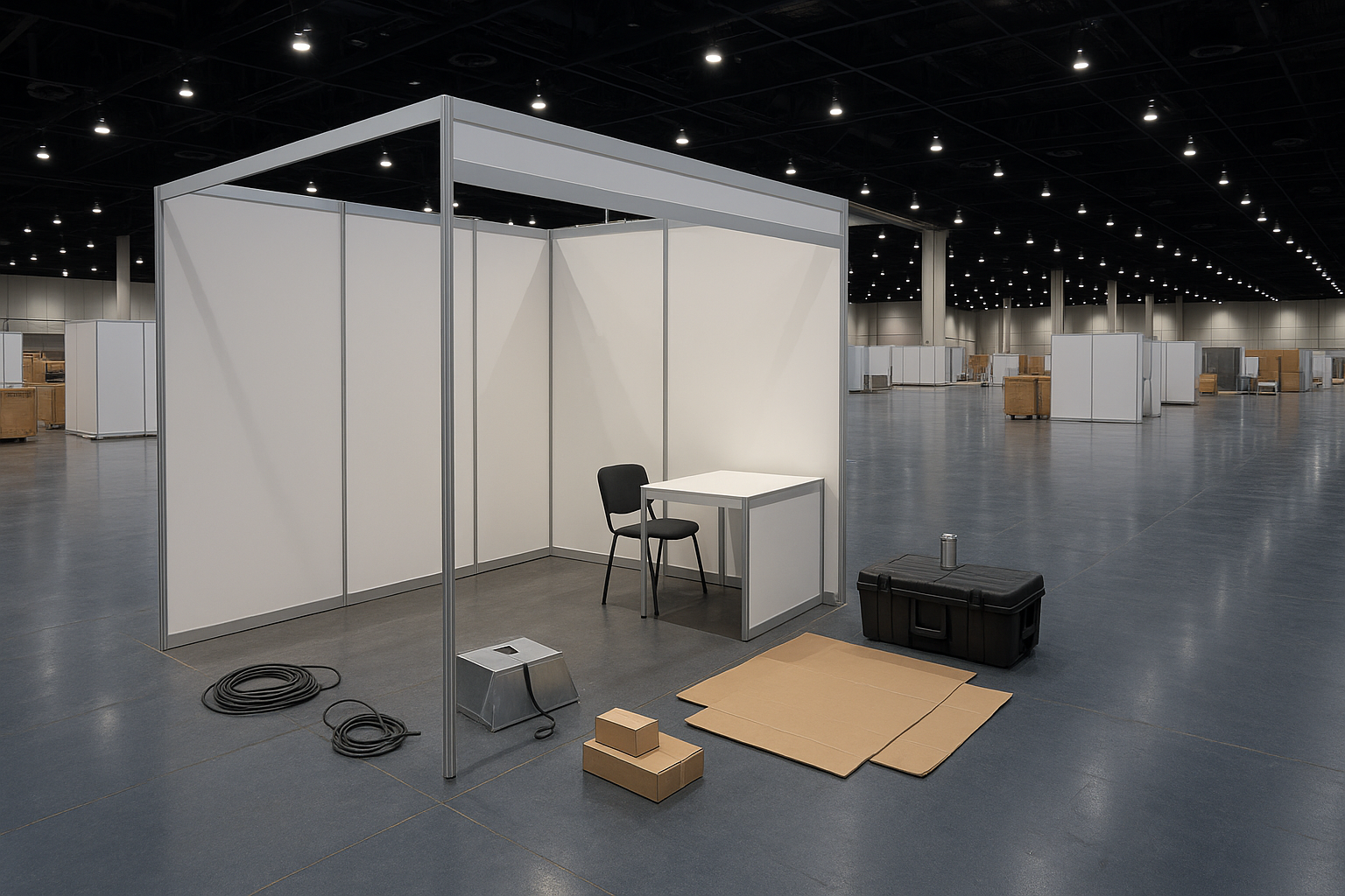 An empty trade show booth being set up inside a large Las Vegas convention hall, with white display walls, boxes, cables, and setup equipment visible on the show floor.