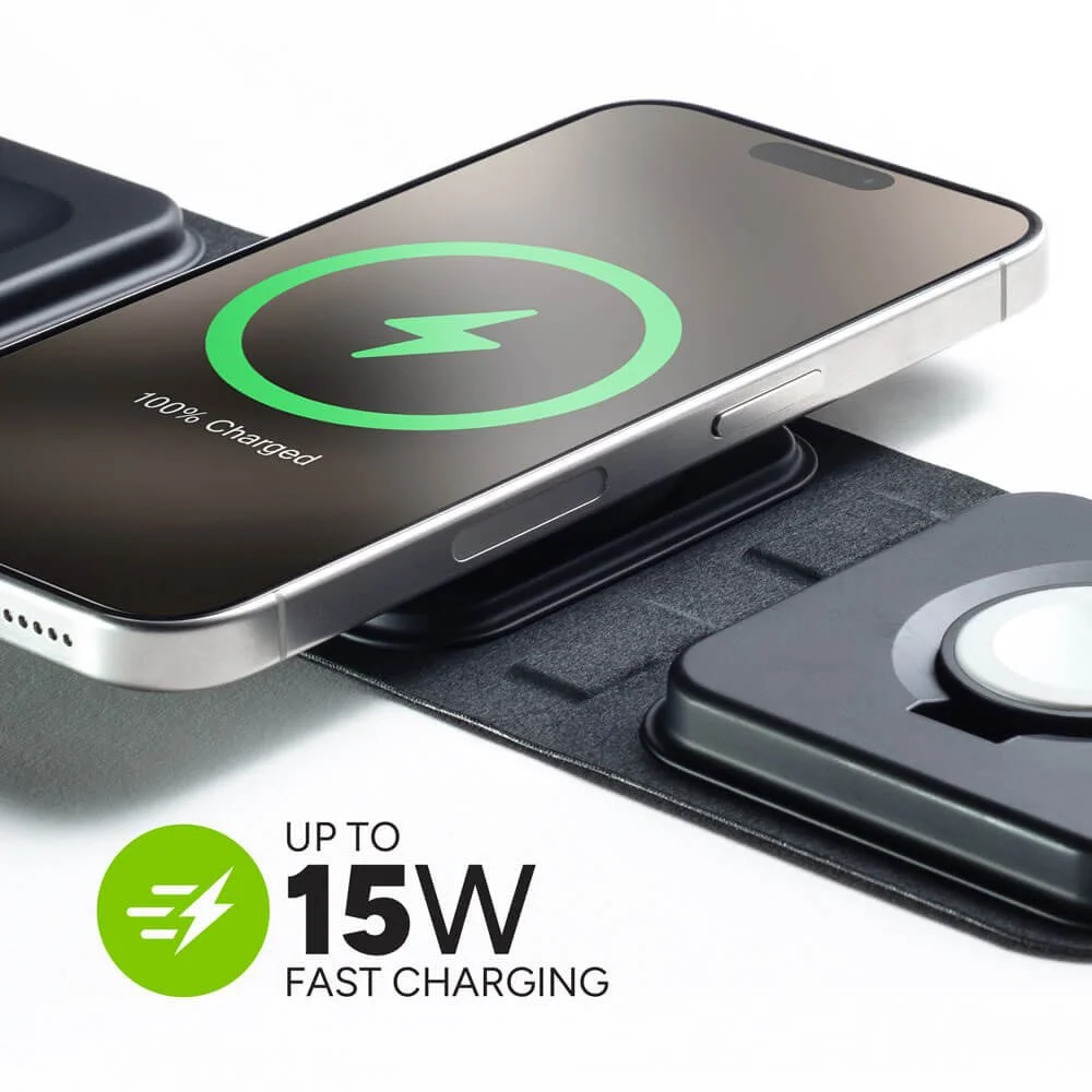 iPhone charging wirelessly on Mophie 3-in-1 charger with 15W icon