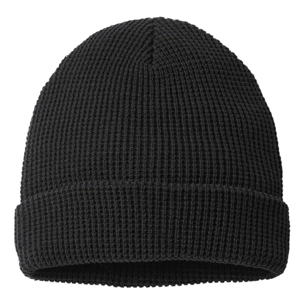 Flat lay of the Richardson 146R Waffle Knit Beanie in Black with visible cuff and seams
